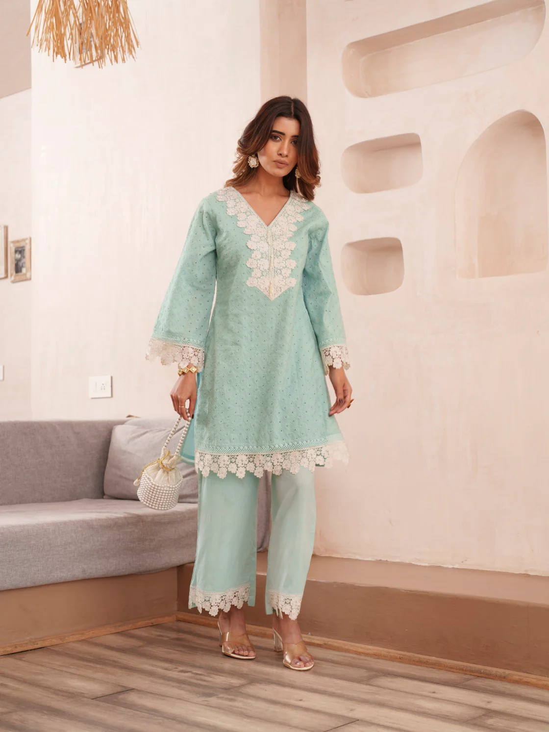 Subarna softblue Cotton Shchiffli Co-ord Set - Image 9