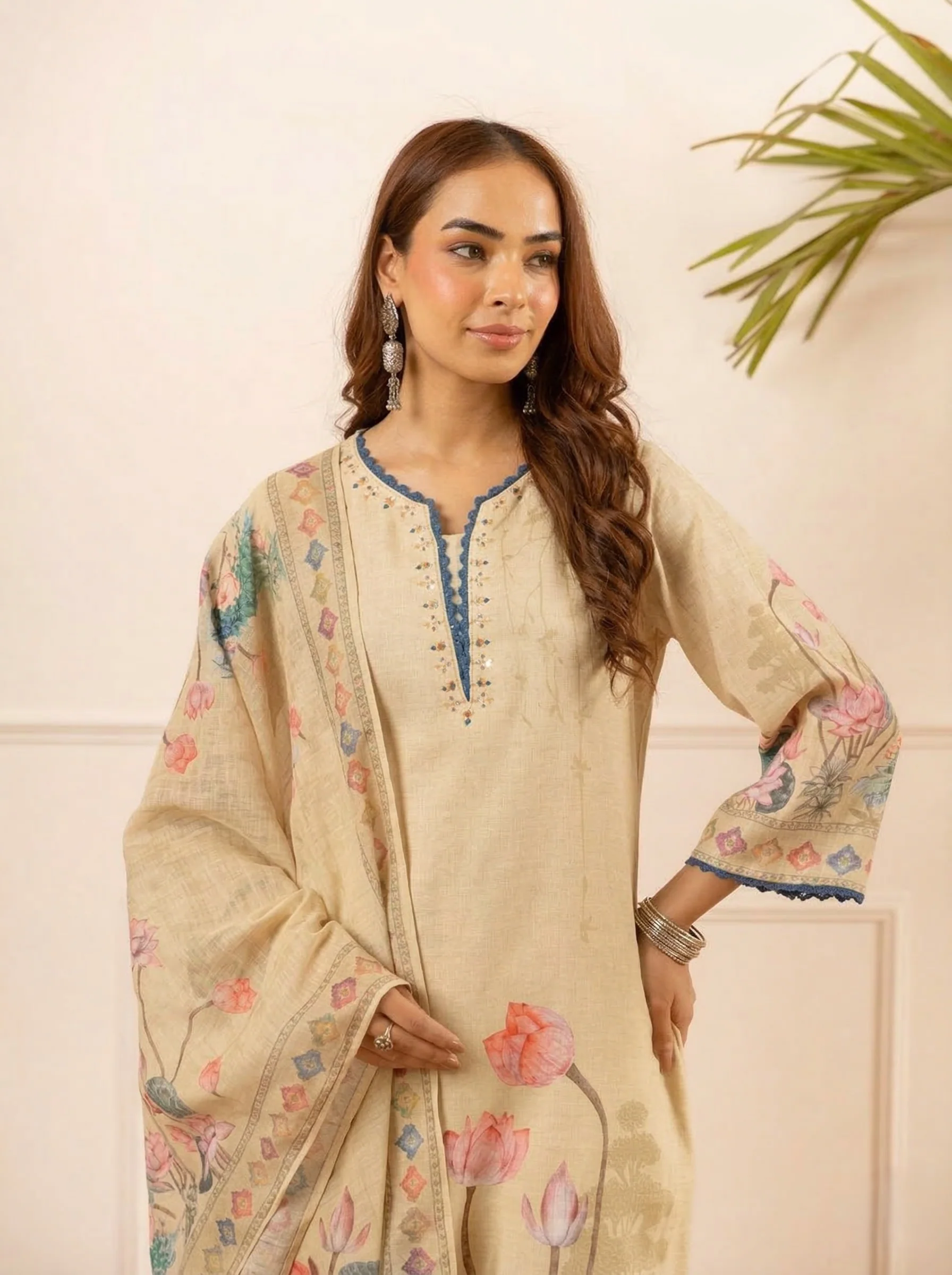 Mihika tan printed cotton suit set - Image 2