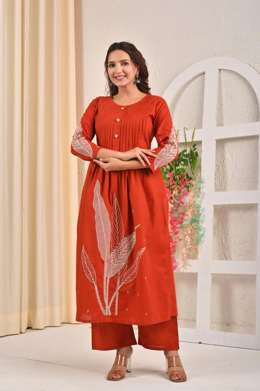 Sarvari Rust Embroidered Kurta Pant Set - Image 3
