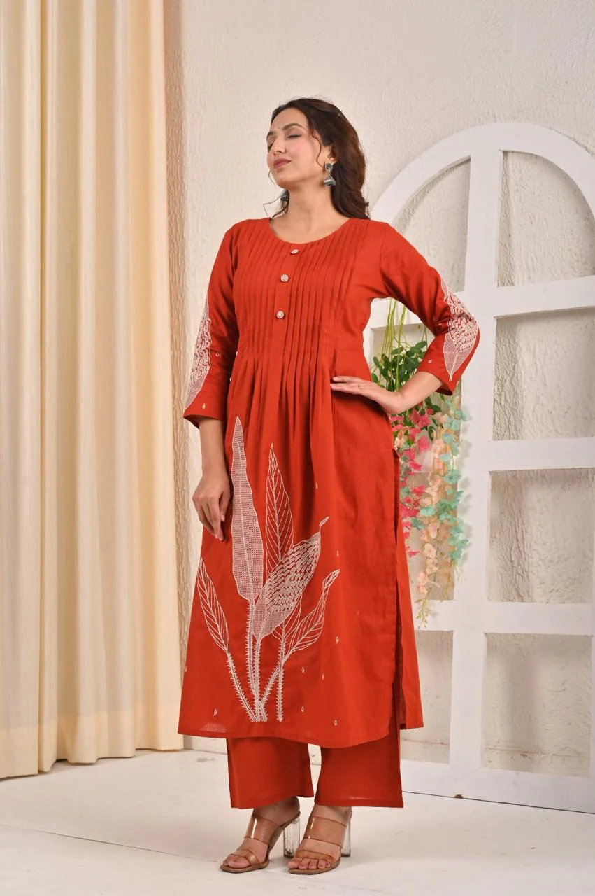 Sarvari Rust Embroidered Kurta Pant Set - Image 4