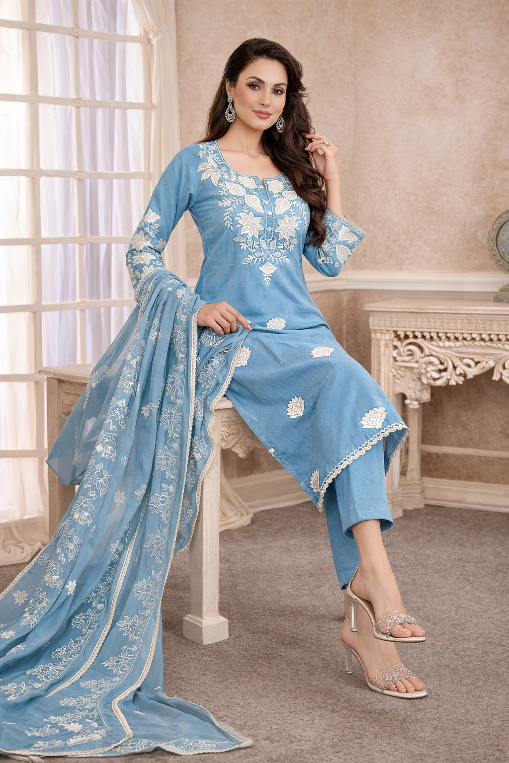 Bahara Softblue Printed Embroidered Suit Set - Image 4