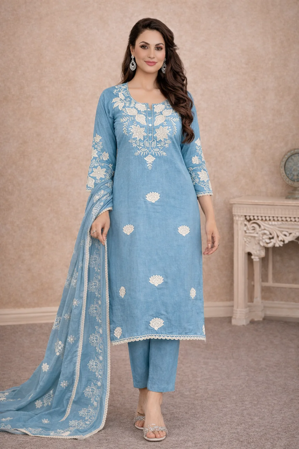 Bahara Softblue Printed Embroidered Suit Set - Image 9