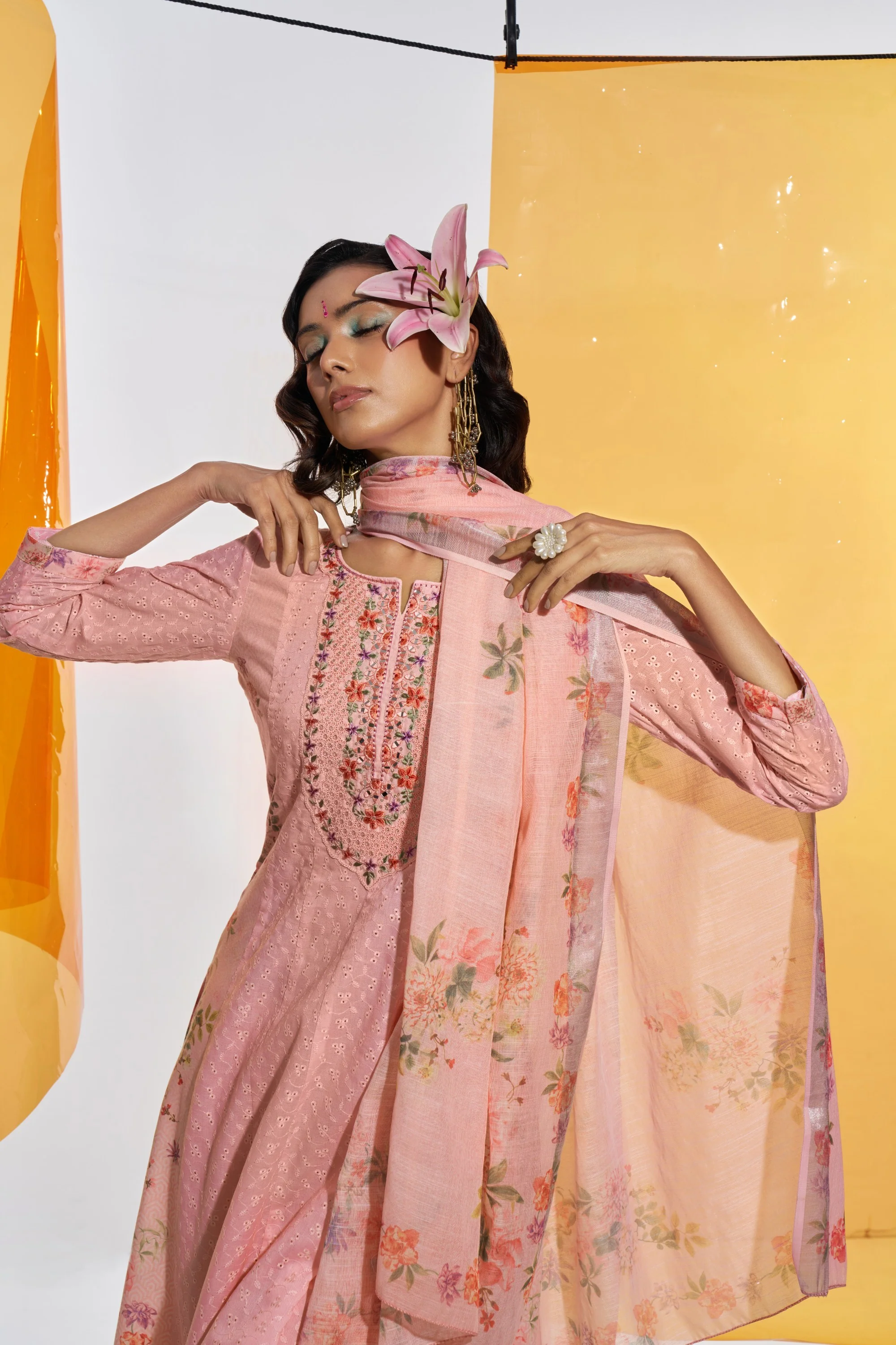 Jaideep Salmon Shchiffli Cotton Embroidered Suit Set - Image 2