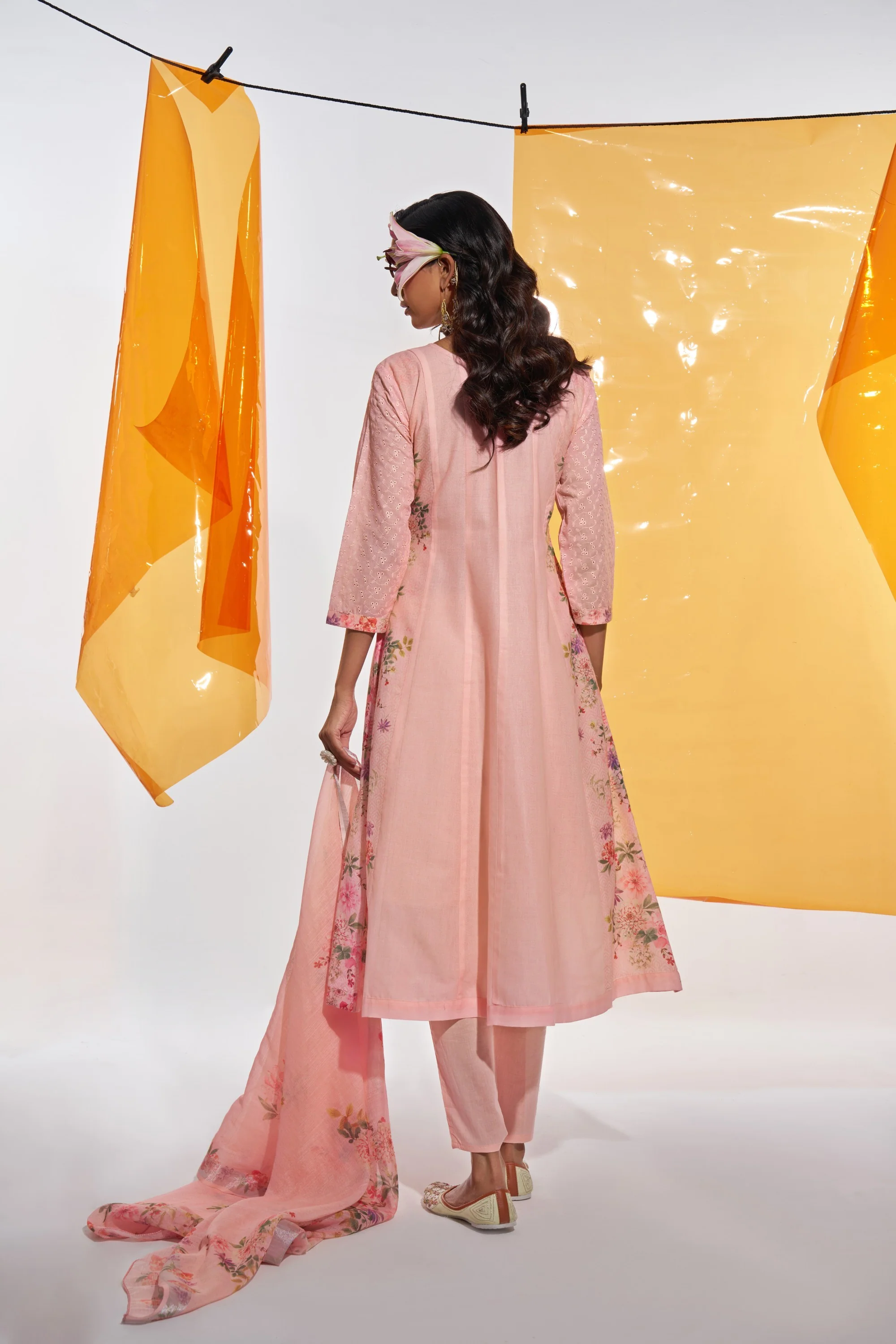 Jaideep Salmon Shchiffli Cotton Embroidered Suit Set - Image 3