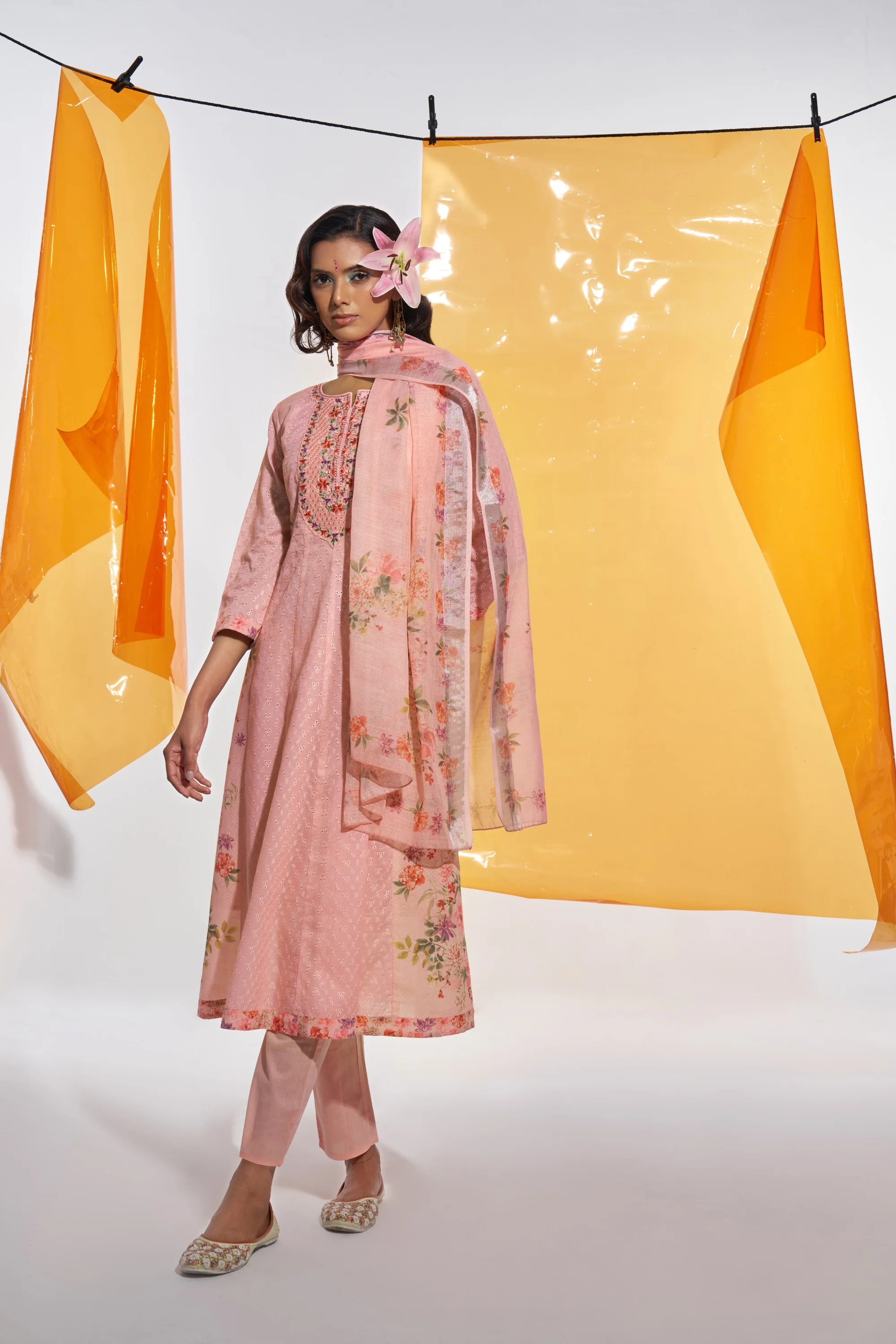 Jaideep Salmon Shchiffli Cotton Embroidered Suit Set - Image 4