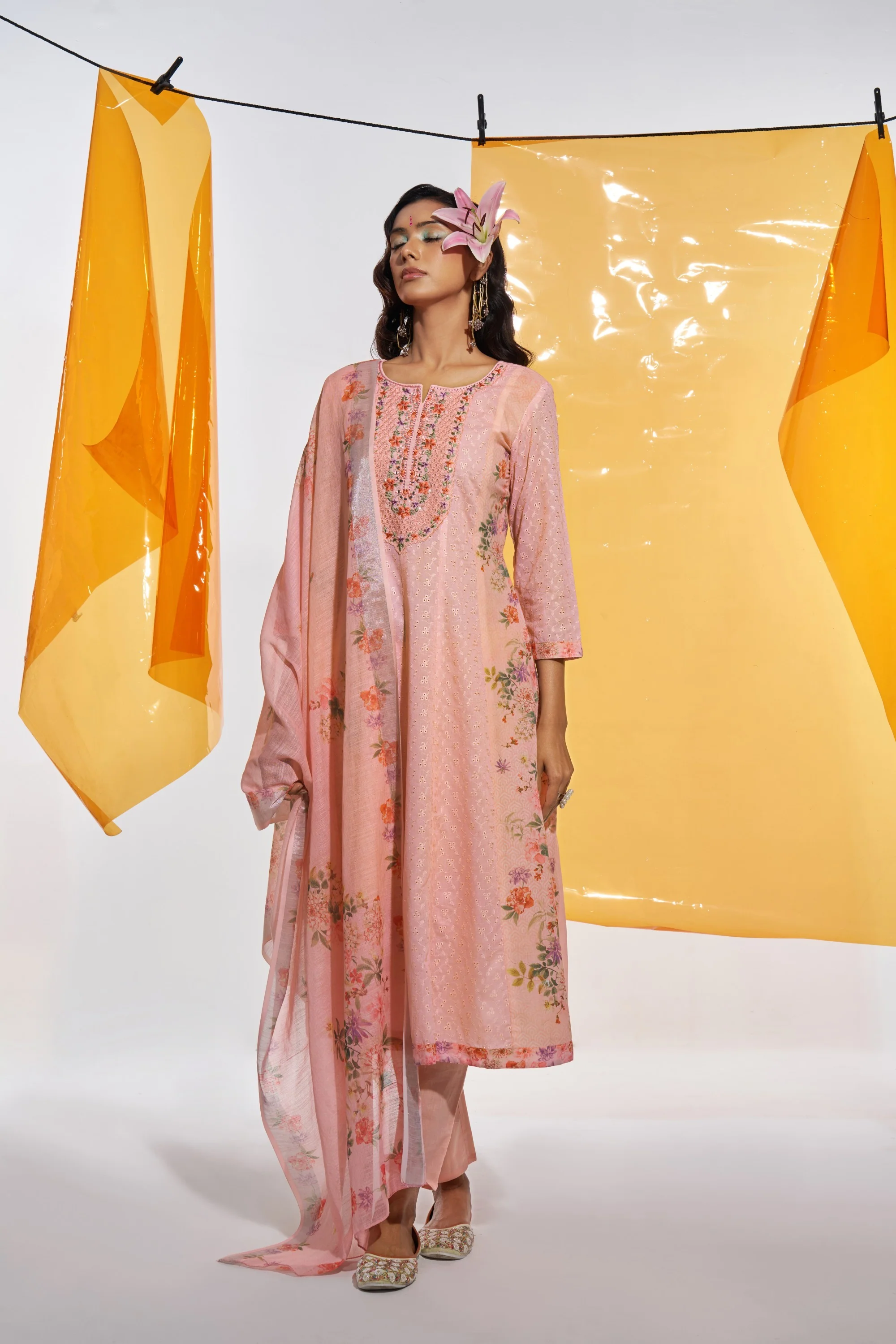 Jaideep Salmon Shchiffli Cotton Embroidered Suit Set - Image 5