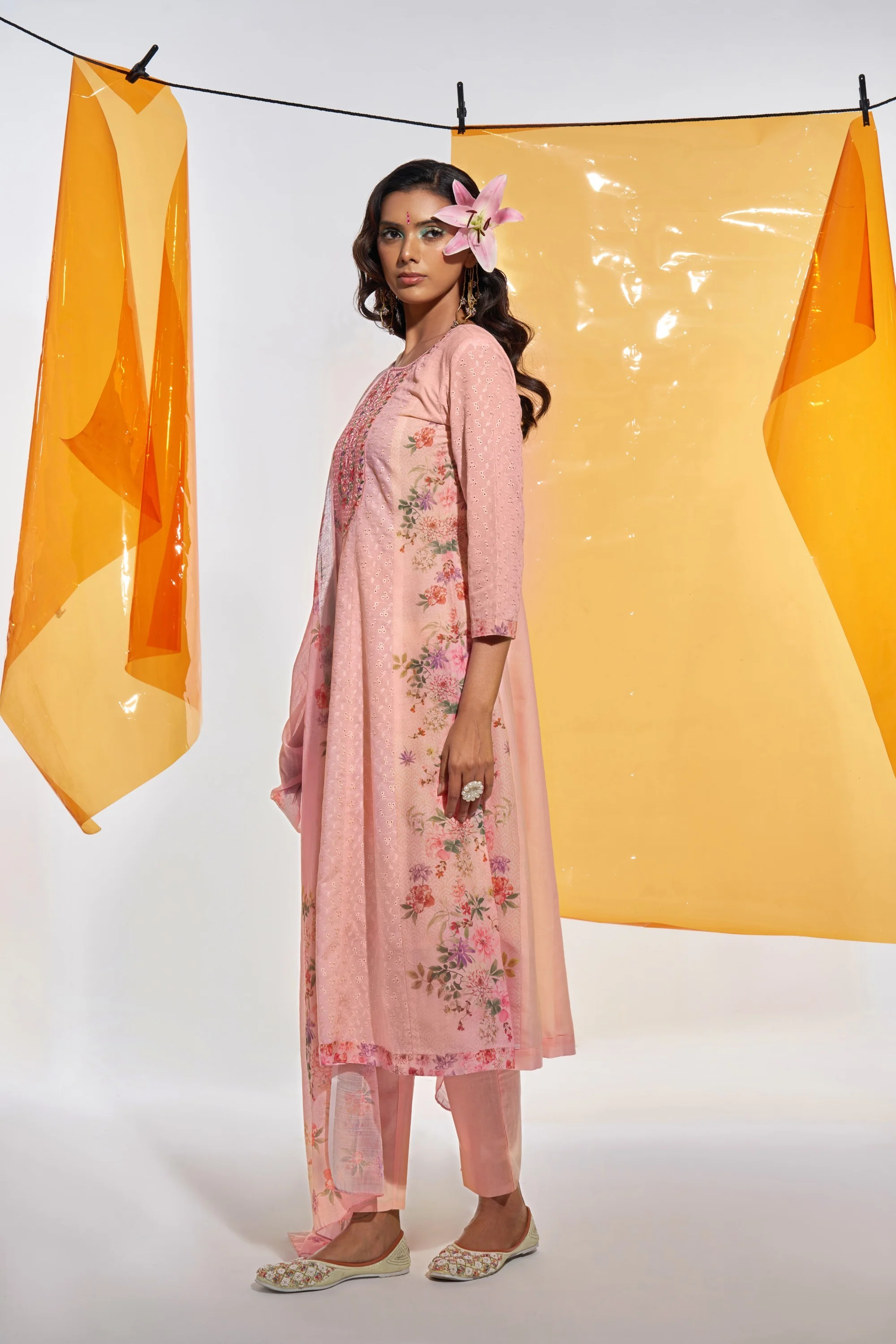 Jaideep Salmon Shchiffli Cotton Embroidered Suit Set - Image 6