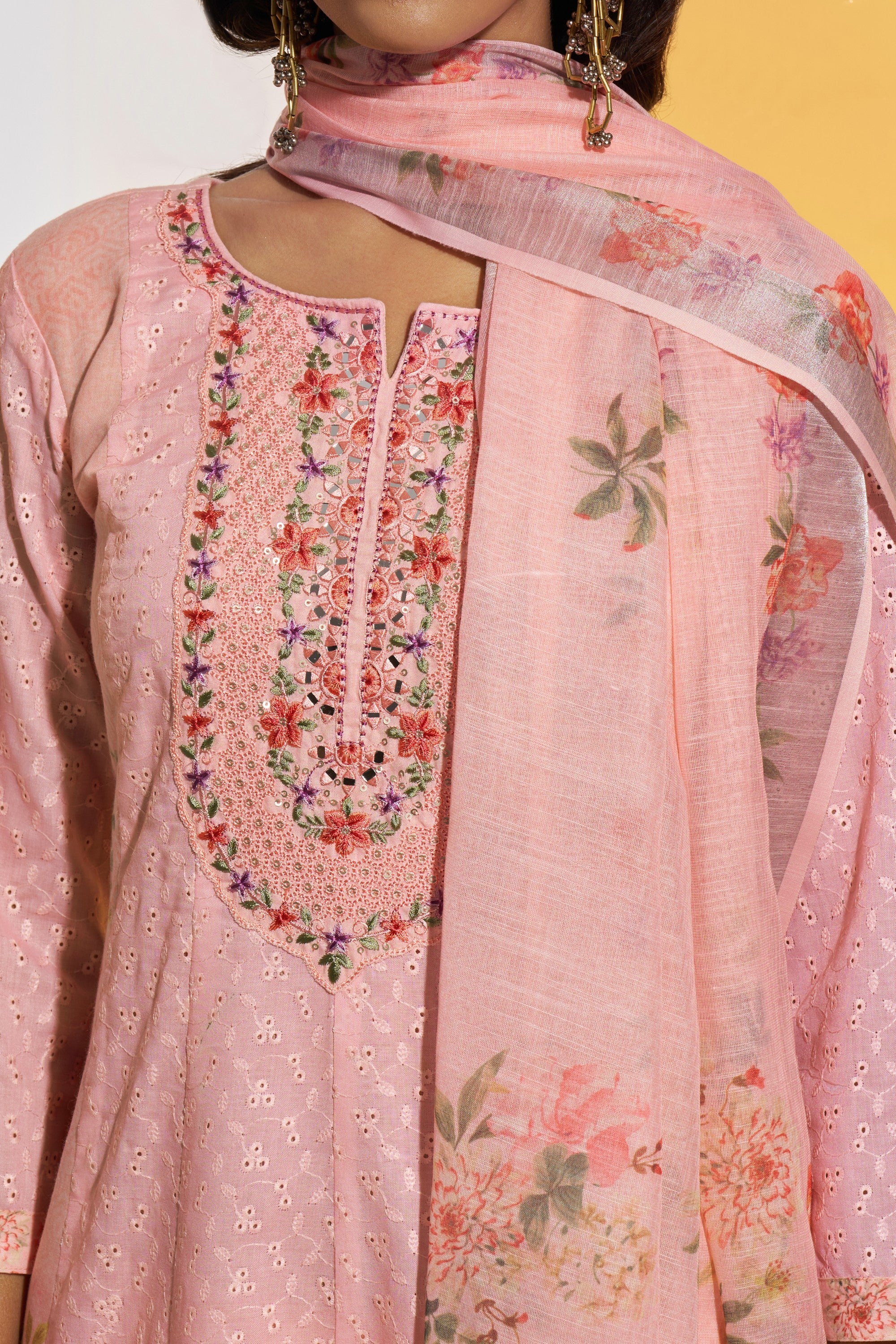 Jaideep Salmon Shchiffli Cotton Embroidered Suit Set - Image 7