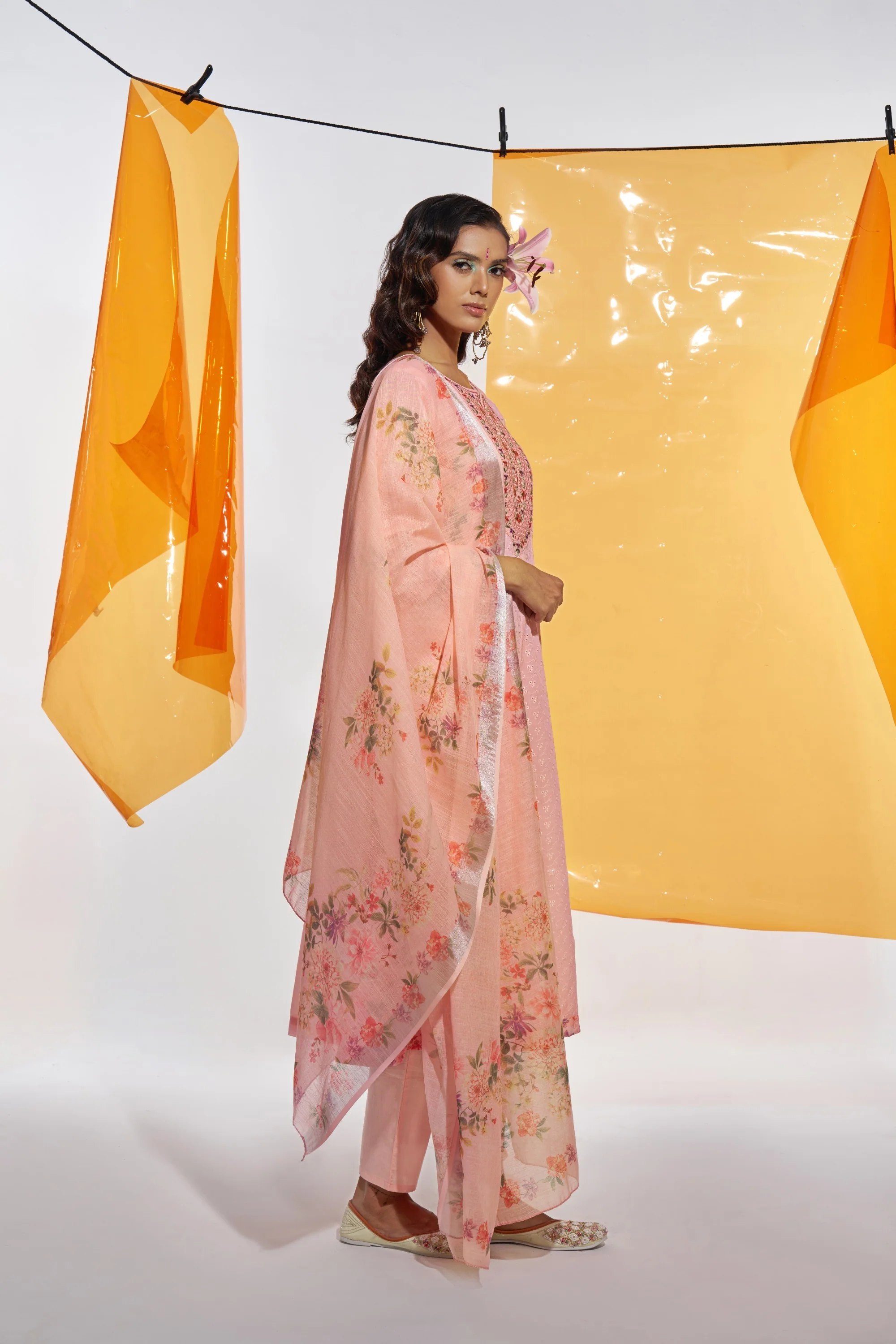 Jaideep Salmon Shchiffli Cotton Embroidered Suit Set - Image 8