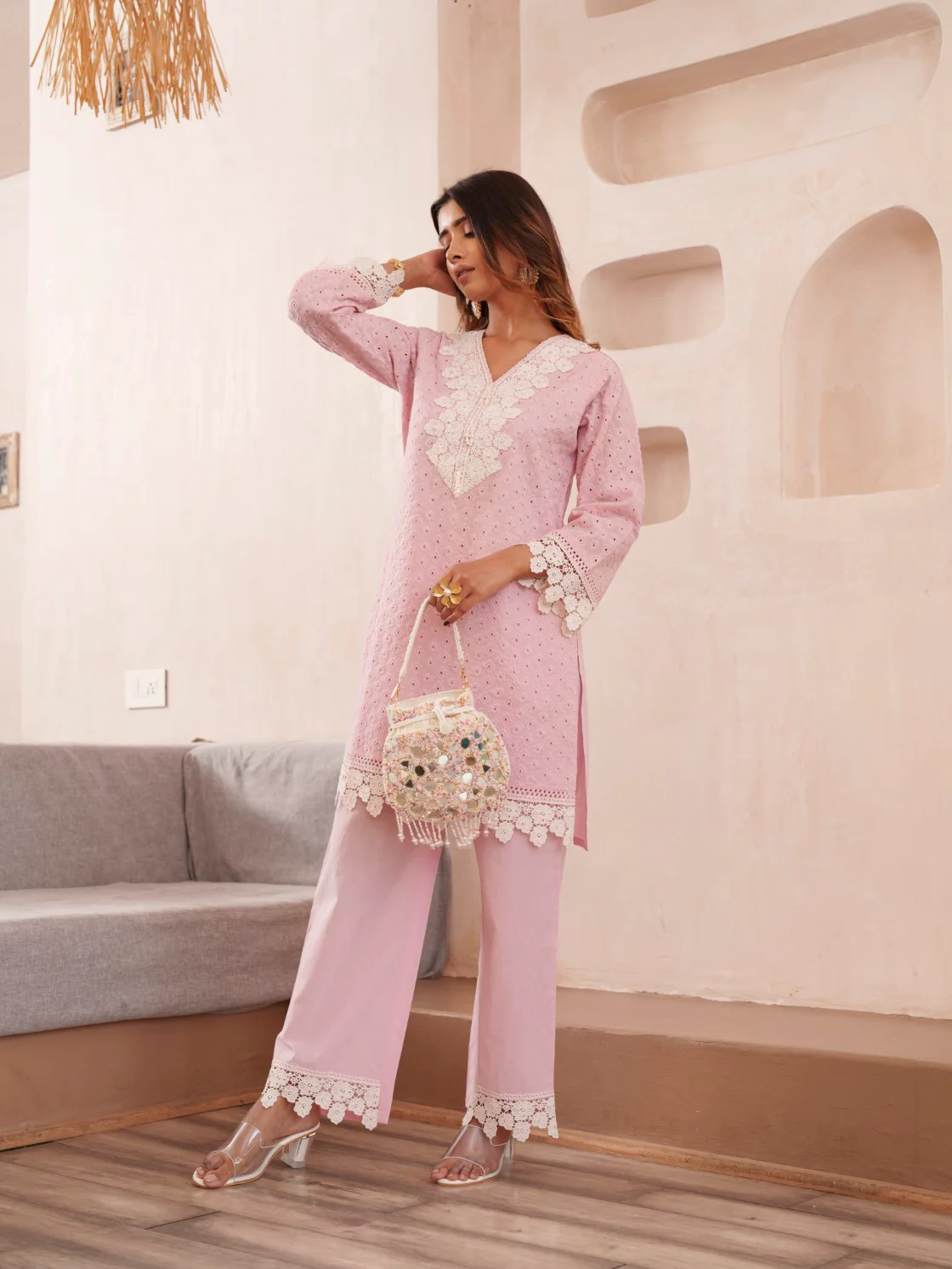 Subarna Softpink Cotton Shchiffli Co-ord Set - Image 12