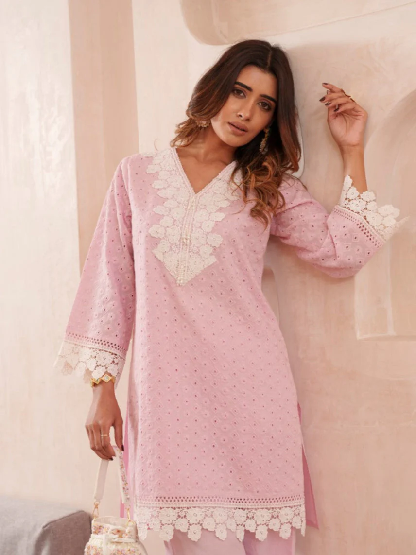 Subarna Softpink Cotton Shchiffli Co-ord Set - Image 2
