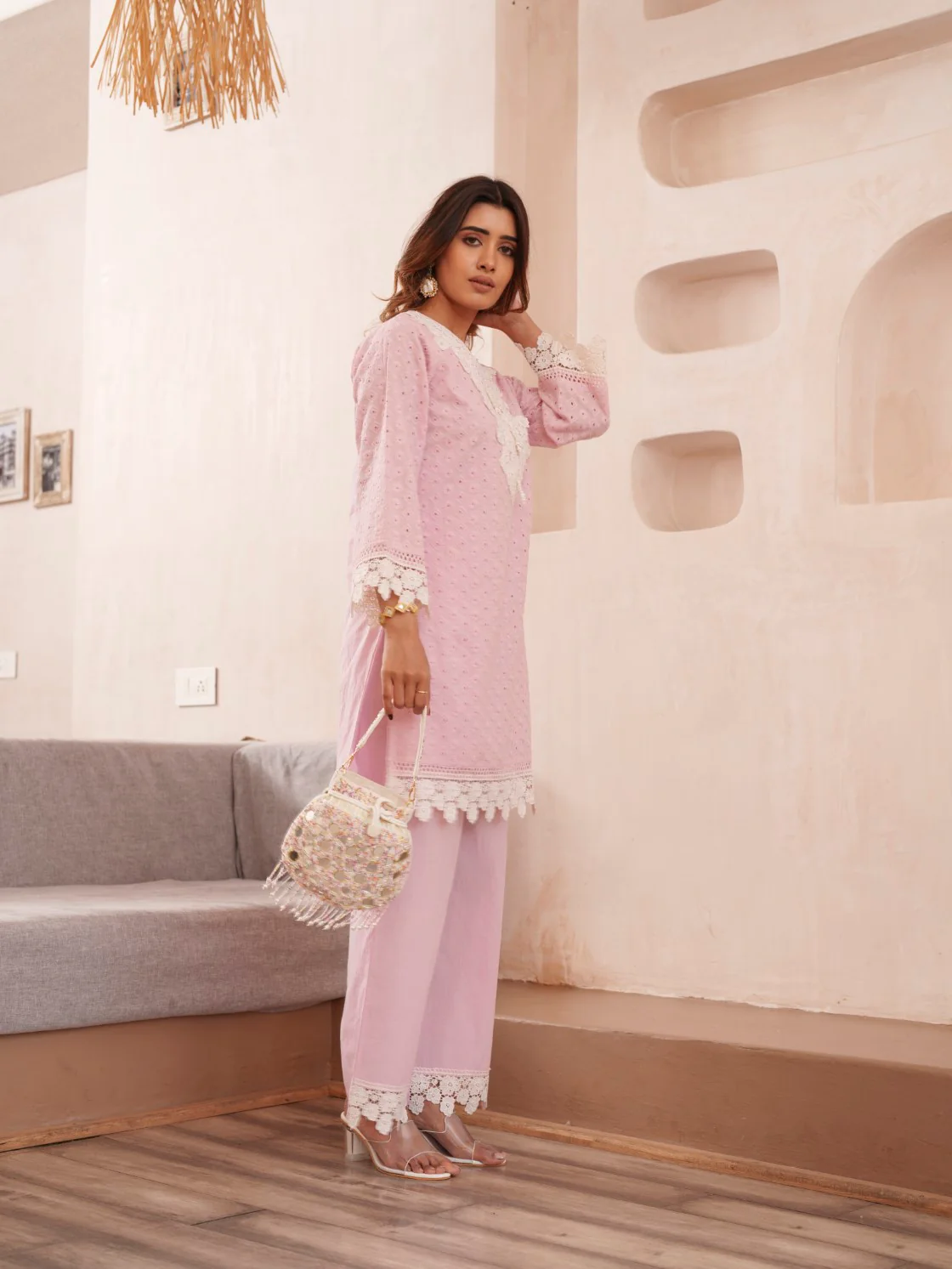 Subarna Softpink Cotton Shchiffli Co-ord Set - Image 9