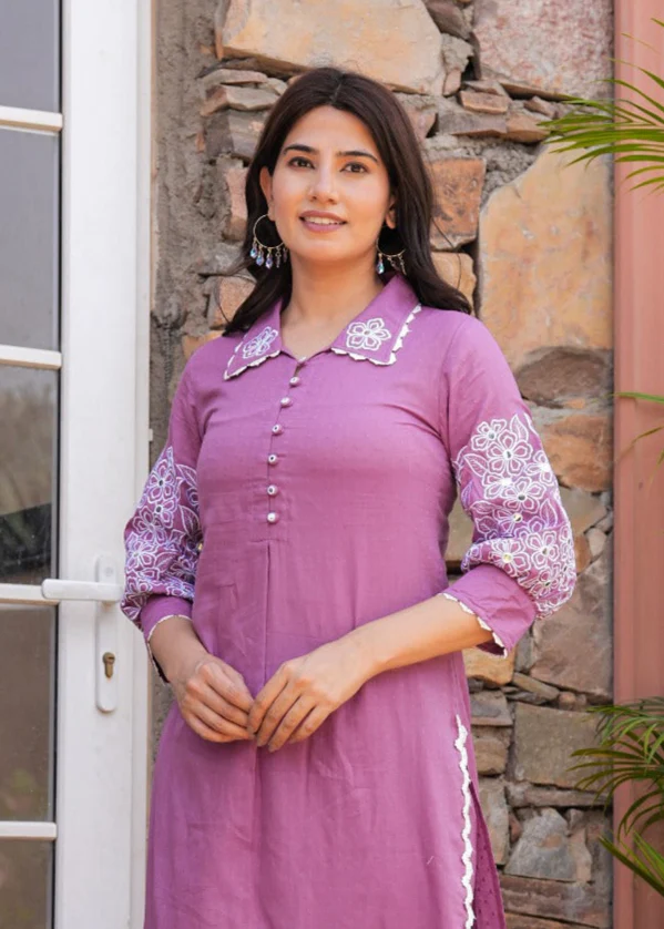 Shiba Orchid Embroidered Kurta Pant Set - Image 2