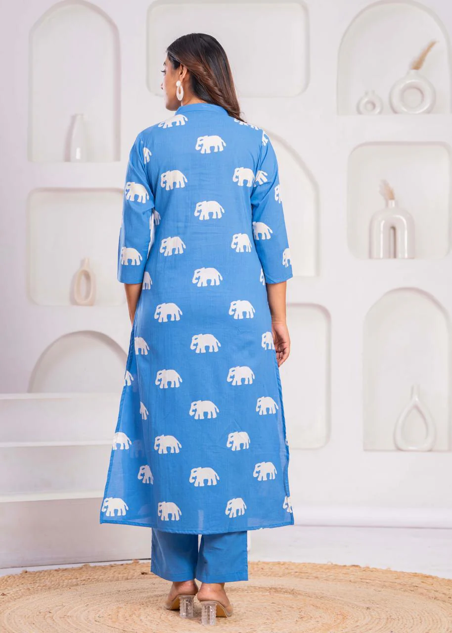 Jayti Aqua Elephant Cotton Kurta Pant Set - Image 3