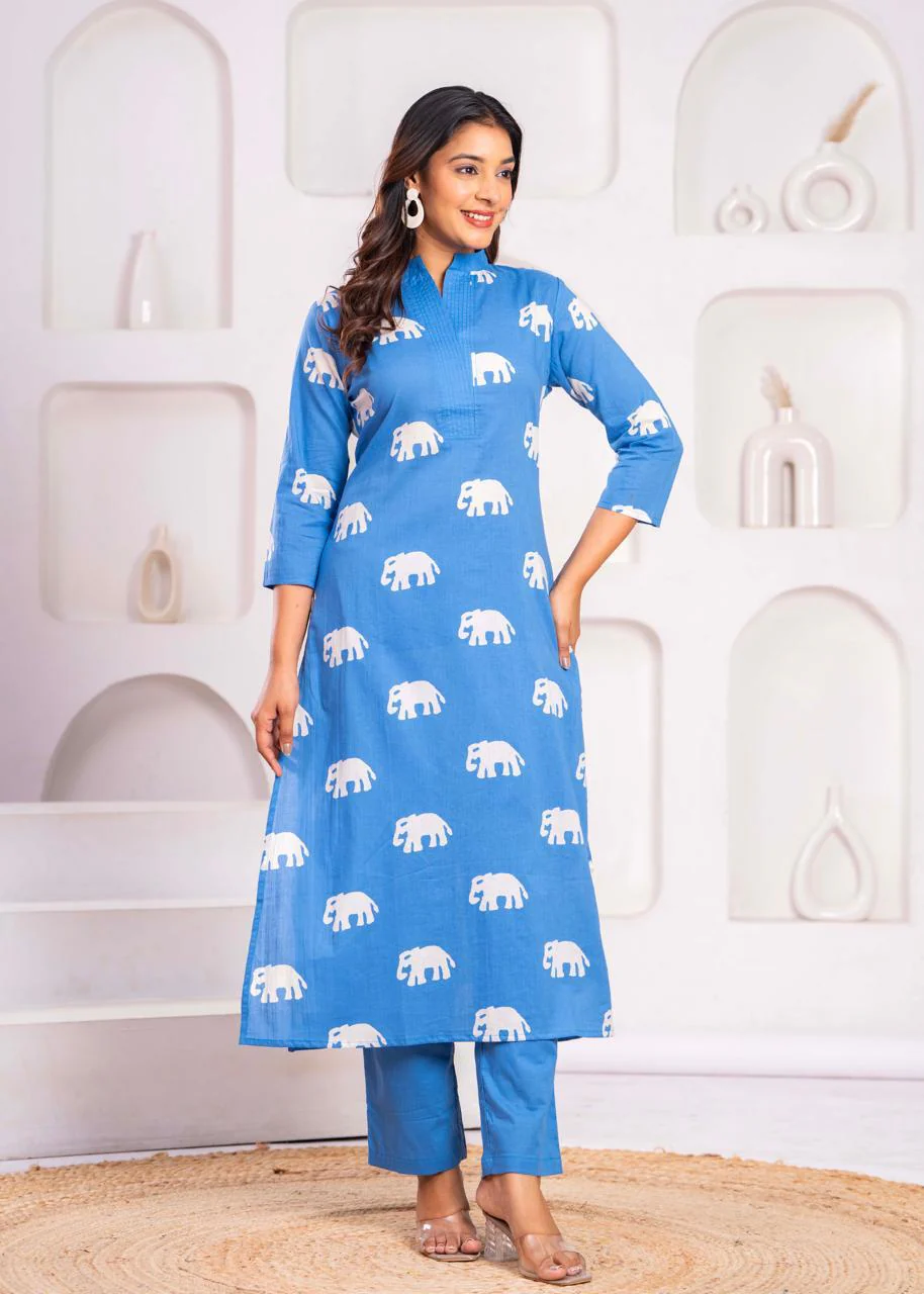 Jayti Aqua Elephant Cotton Kurta Pant Set - Image 5