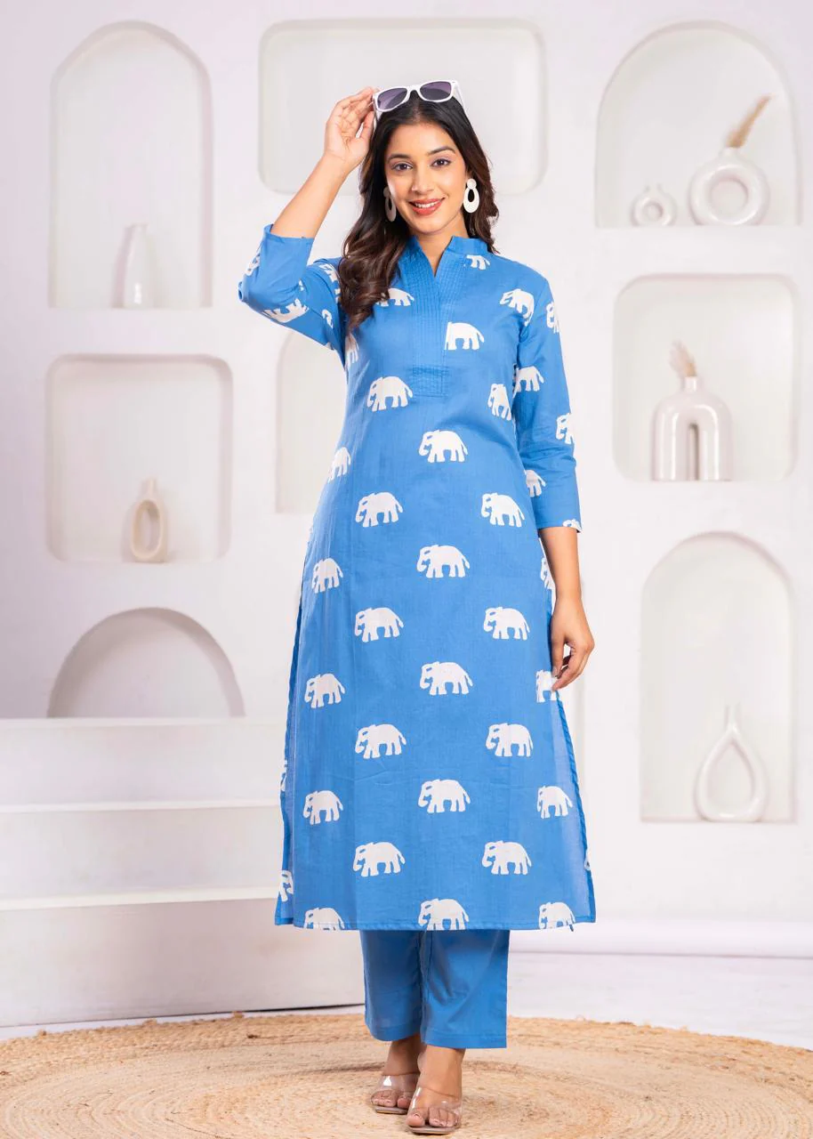Jayti Aqua Elephant Cotton Kurta Pant Set - Image 6