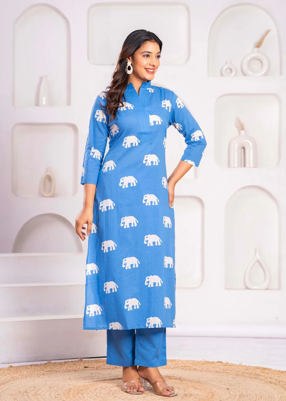 Jayti Aqua Elephant Cotton Kurta Pant Set - Image 7
