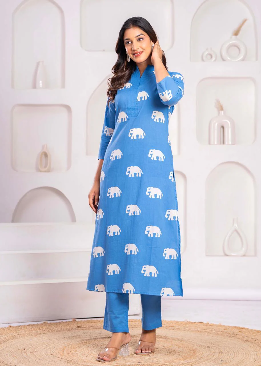 Jayti Aqua Elephant Cotton Kurta Pant Set - Image 9