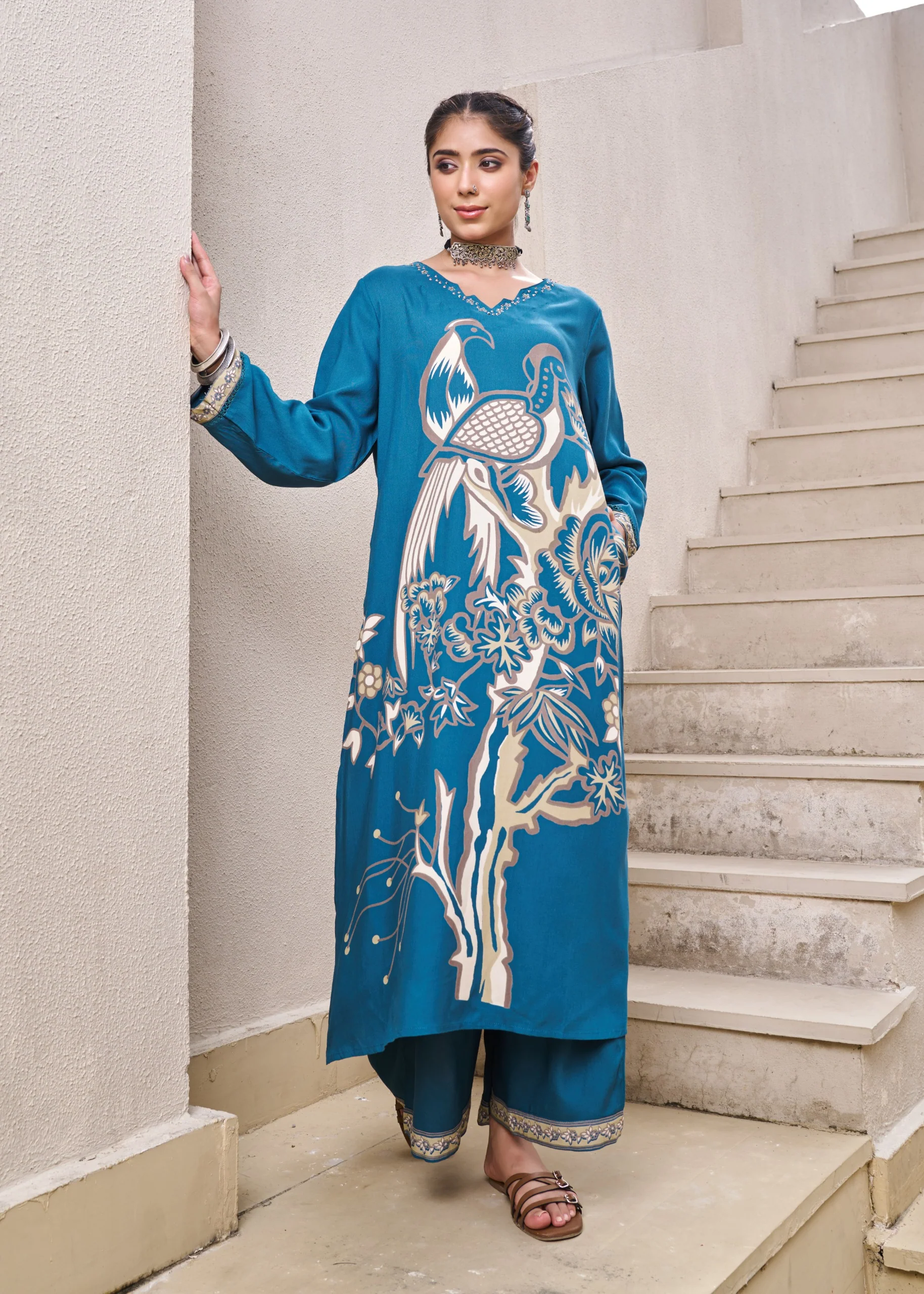 Kabool Peacock Printed Kurta Pant Set - Image 10