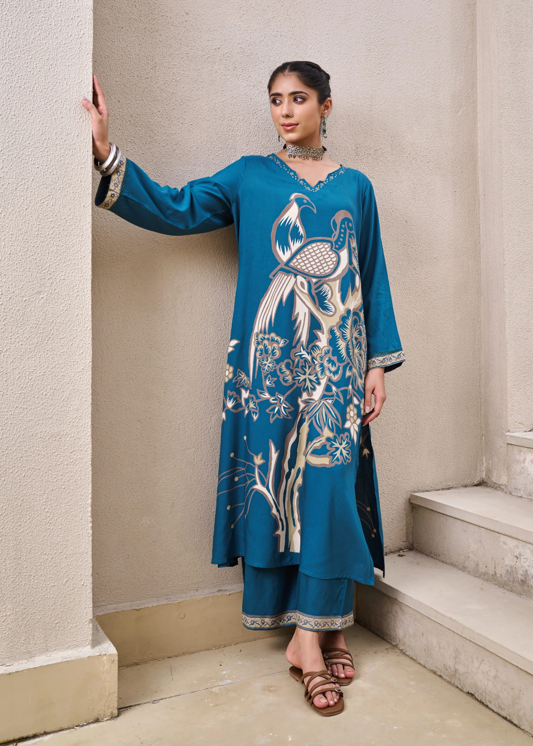 Kabool Peacock Printed Kurta Pant Set - Image 11