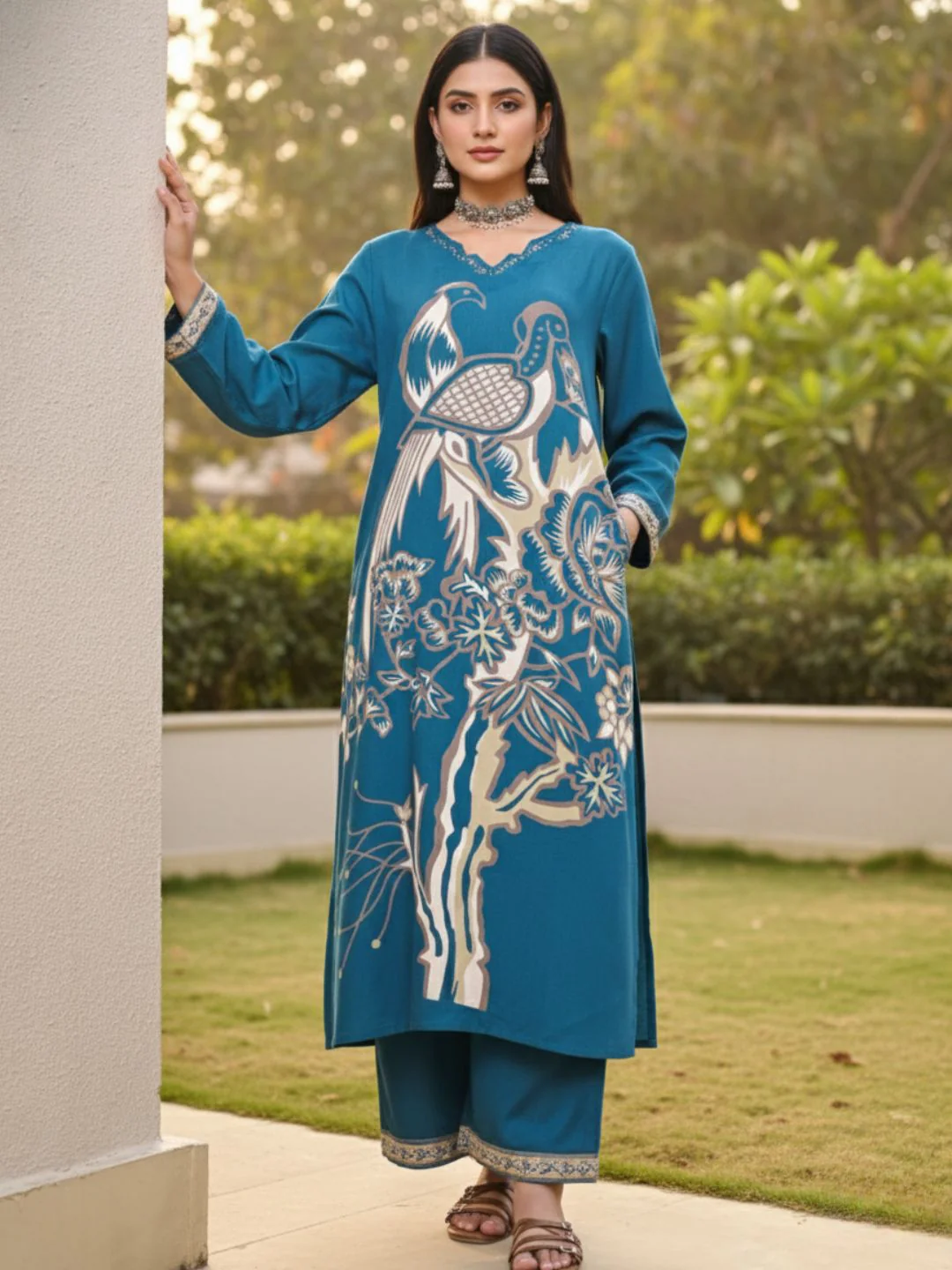 Kabool Peacock Printed Kurta Pant Set - Image 2