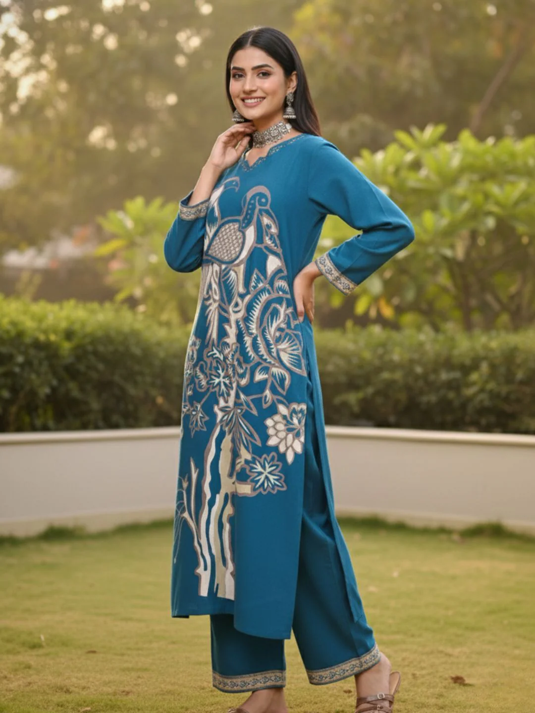 Kabool Peacock Printed Kurta Pant Set - Image 3