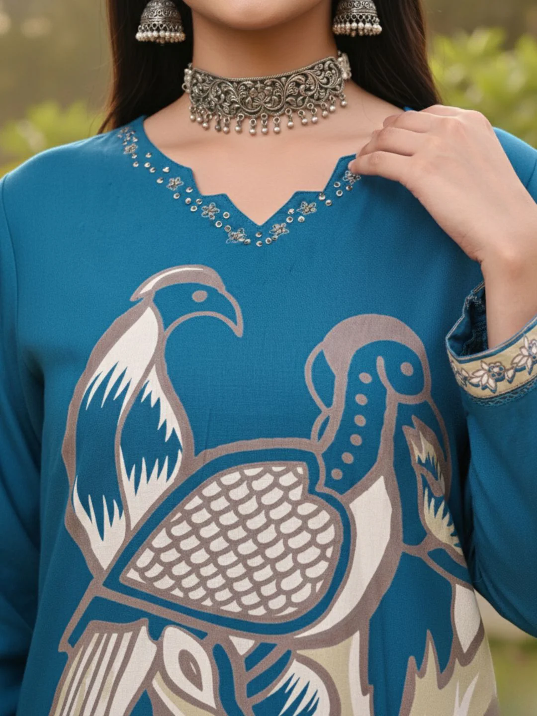 Kabool Peacock Printed Kurta Pant Set - Image 5