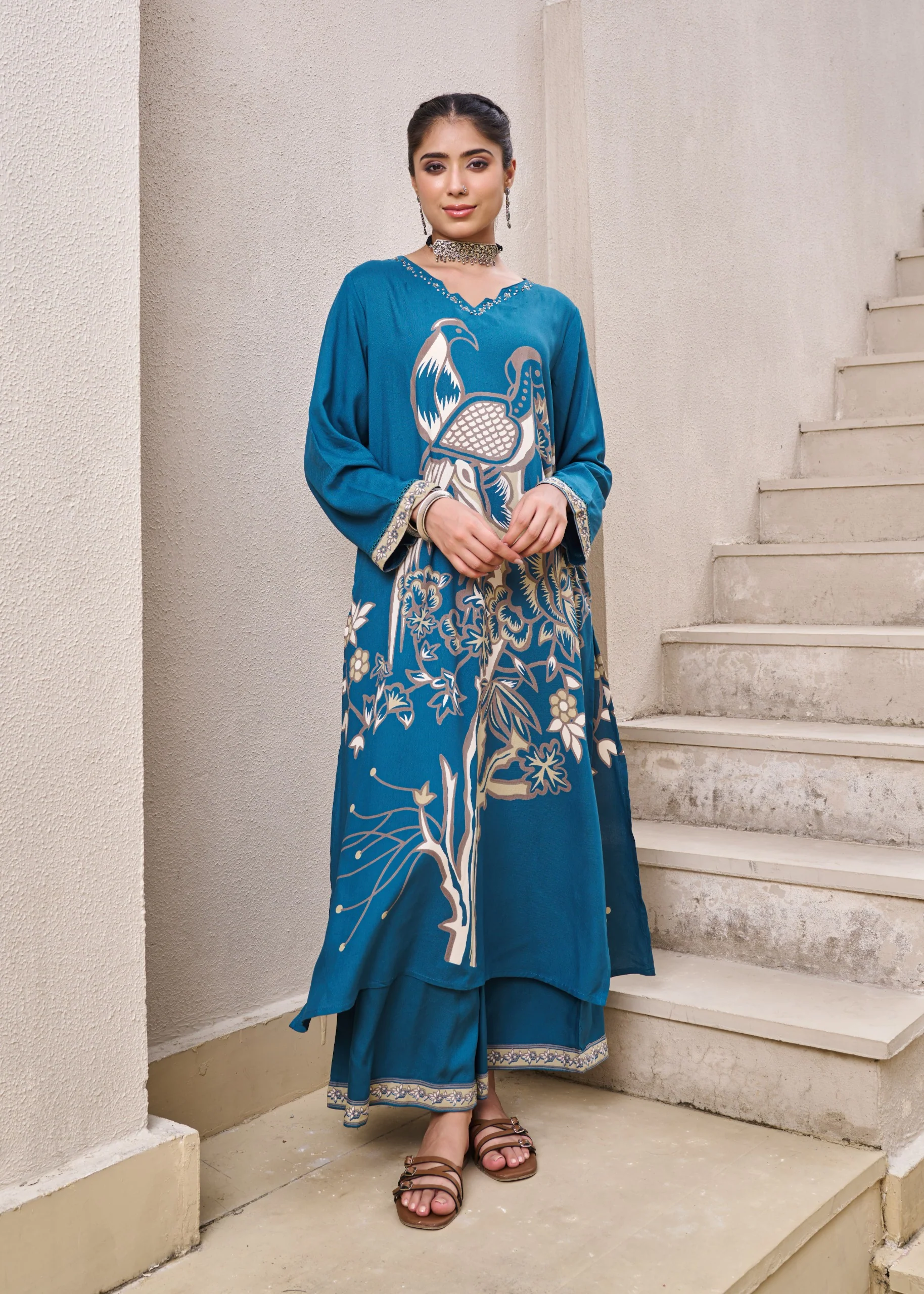 Kabool Peacock Printed Kurta Pant Set - Image 6