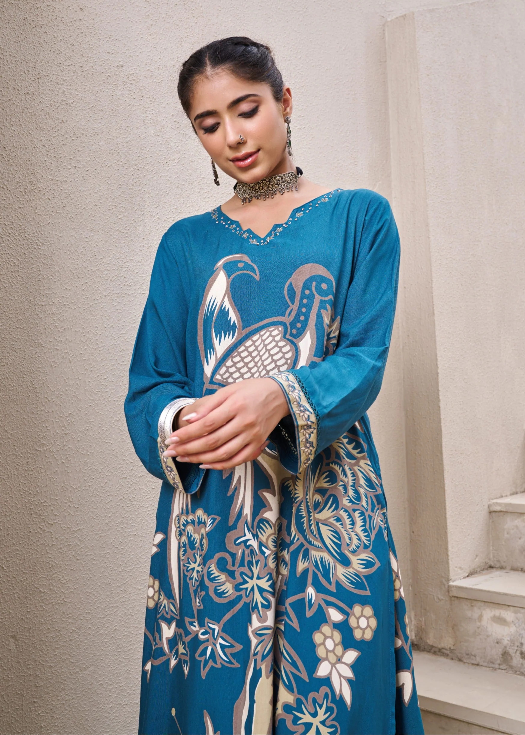 Kabool Peacock Printed Kurta Pant Set - Image 7