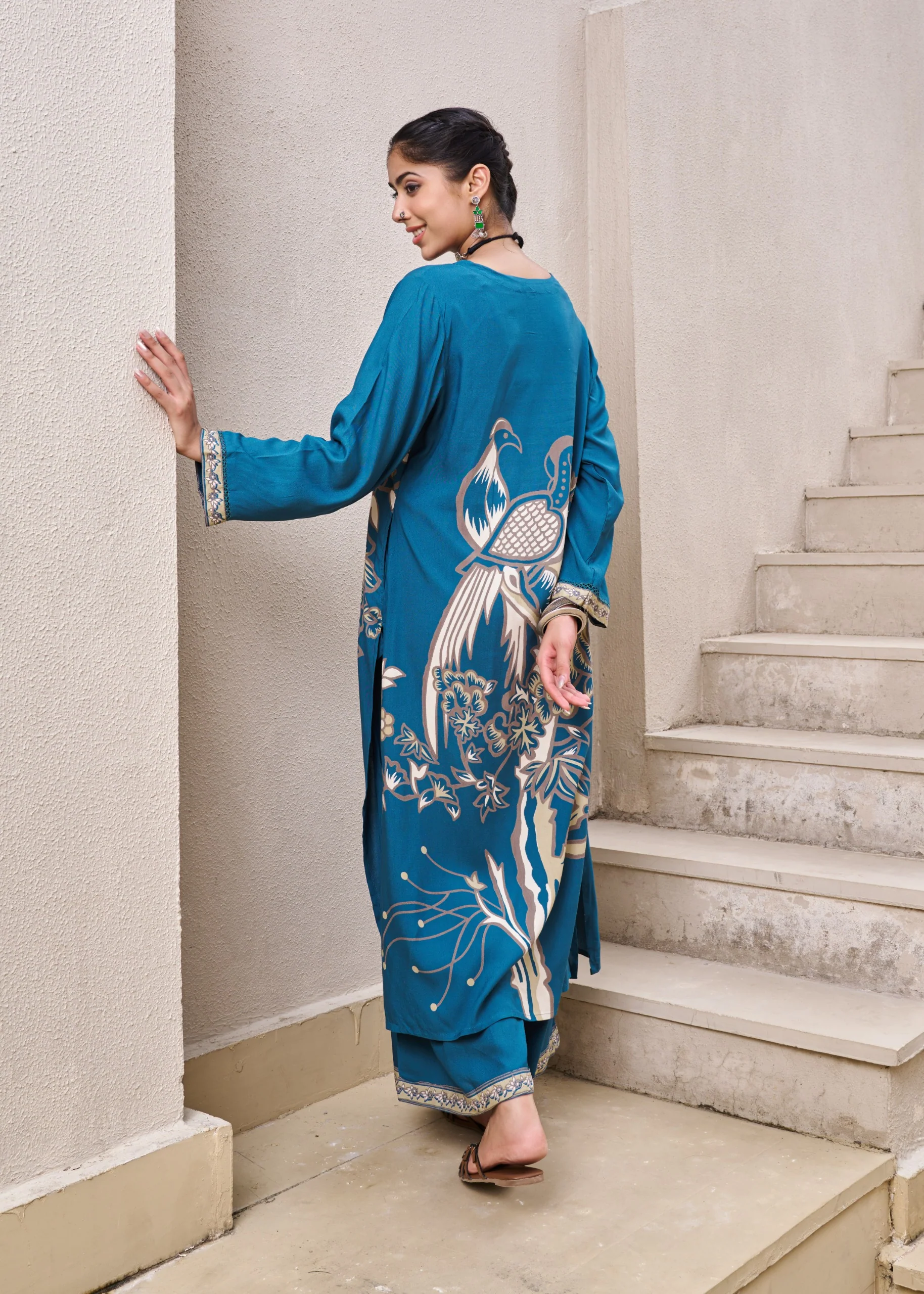 Kabool Peacock Printed Kurta Pant Set - Image 8