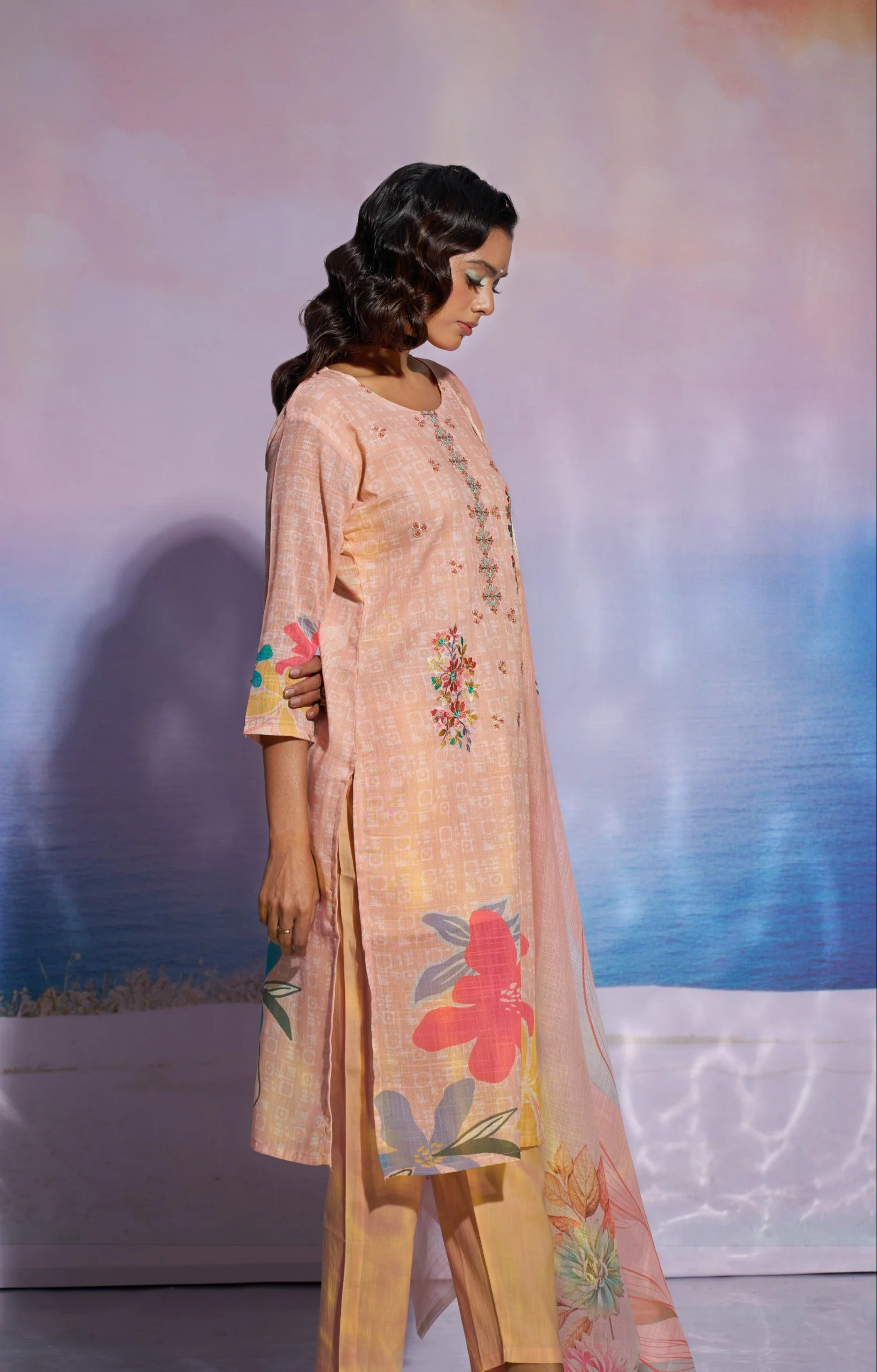 Jaideep Peaches Cotton Embroidered Suit Set - Image 5