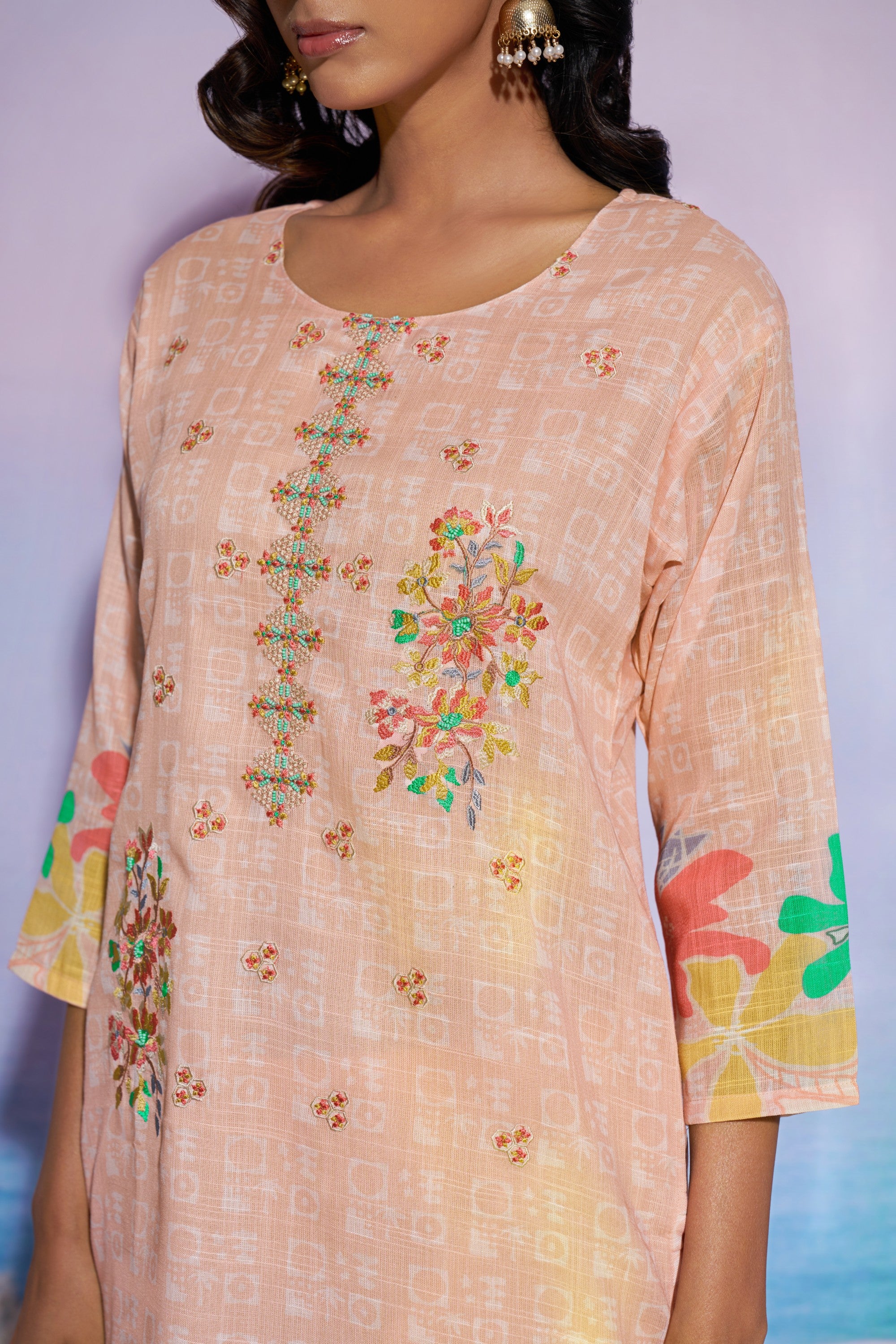 Jaideep Peaches Cotton Embroidered Suit Set - Image 6