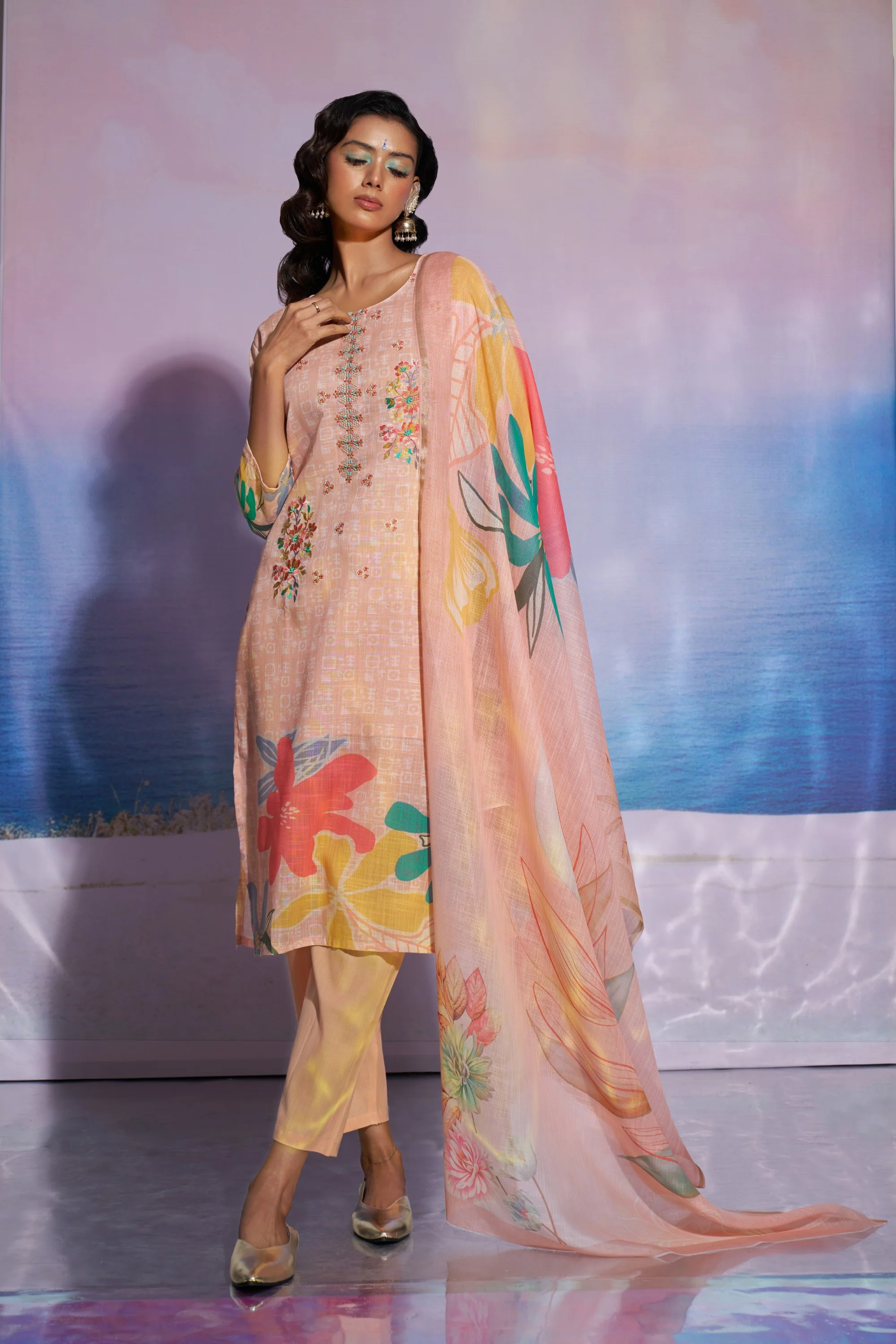 Jaideep Peaches Cotton Embroidered Suit Set - Image 7