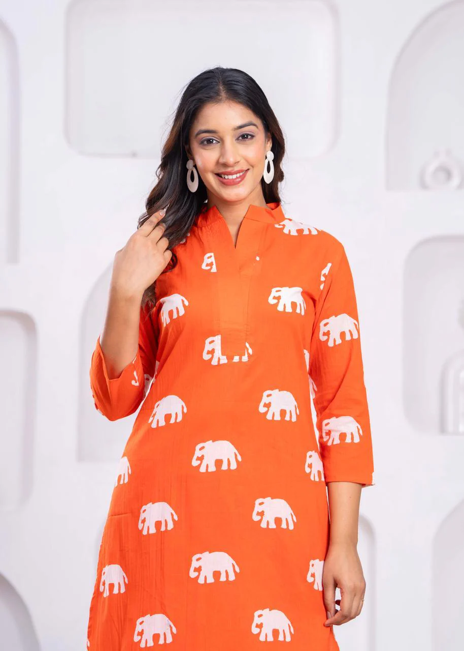 Jayti Apricot Elephant Cotton Kurta Pant Set - Image 2