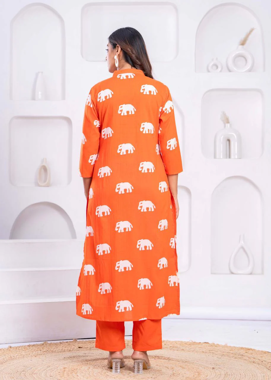 Jayti Apricot Elephant Cotton Kurta Pant Set - Image 3