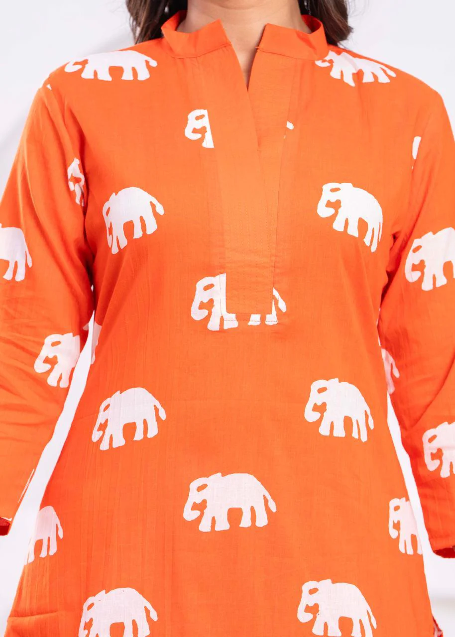 Jayti Apricot Elephant Cotton Kurta Pant Set - Image 4