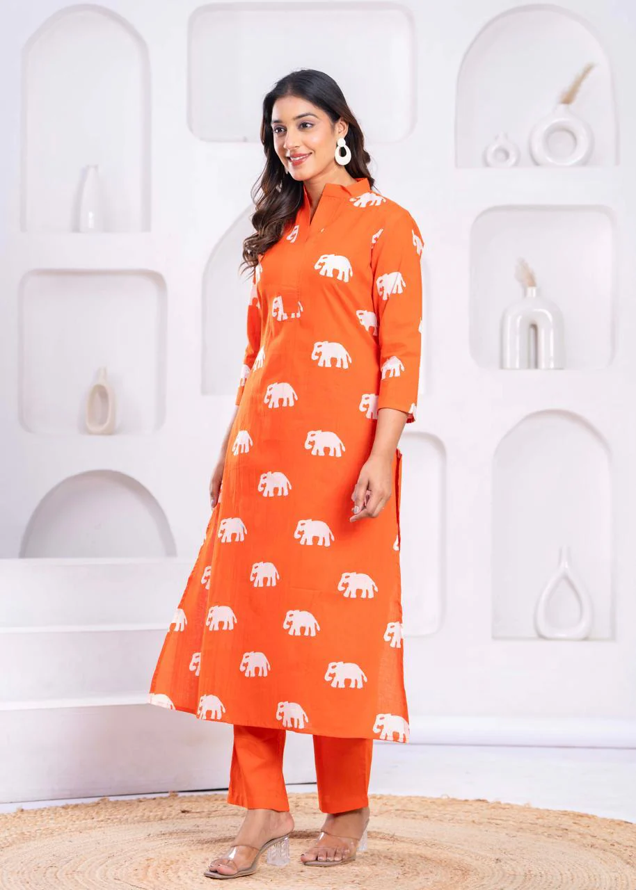 Jayti Apricot Elephant Cotton Kurta Pant Set - Image 5