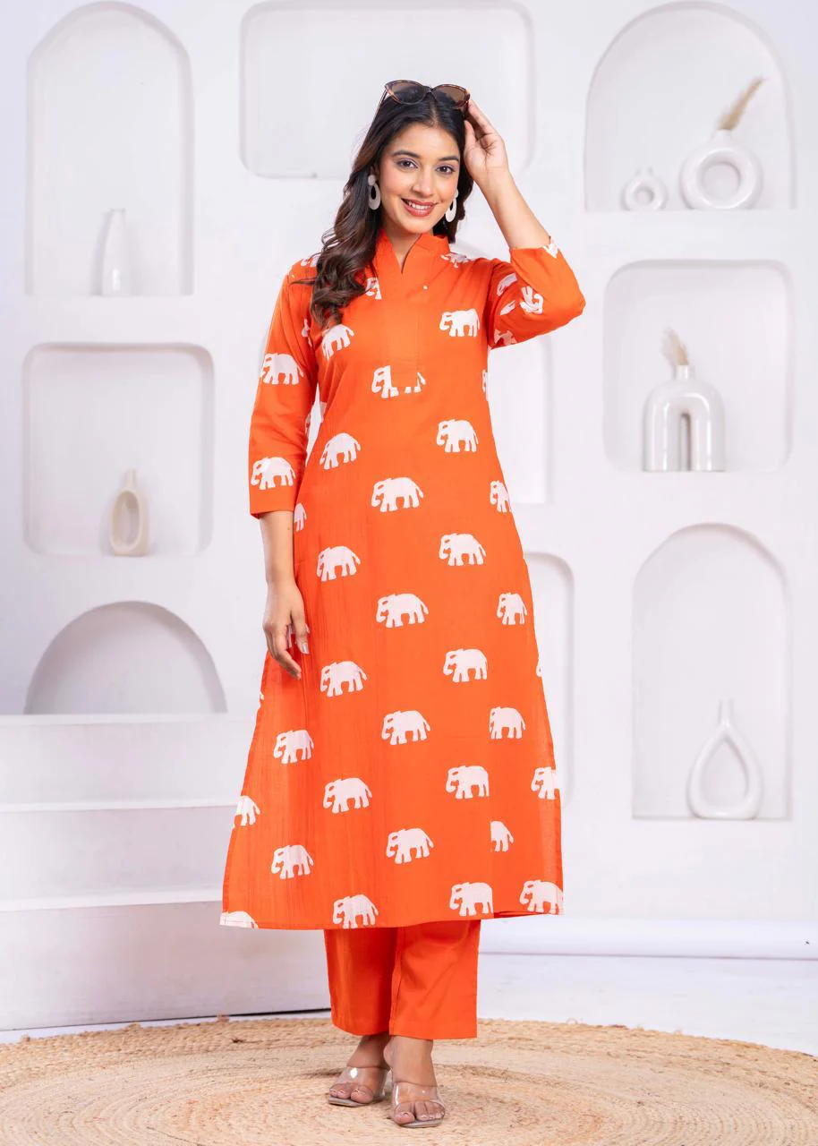 Jayti Apricot Elephant Cotton Kurta Pant Set - Image 6