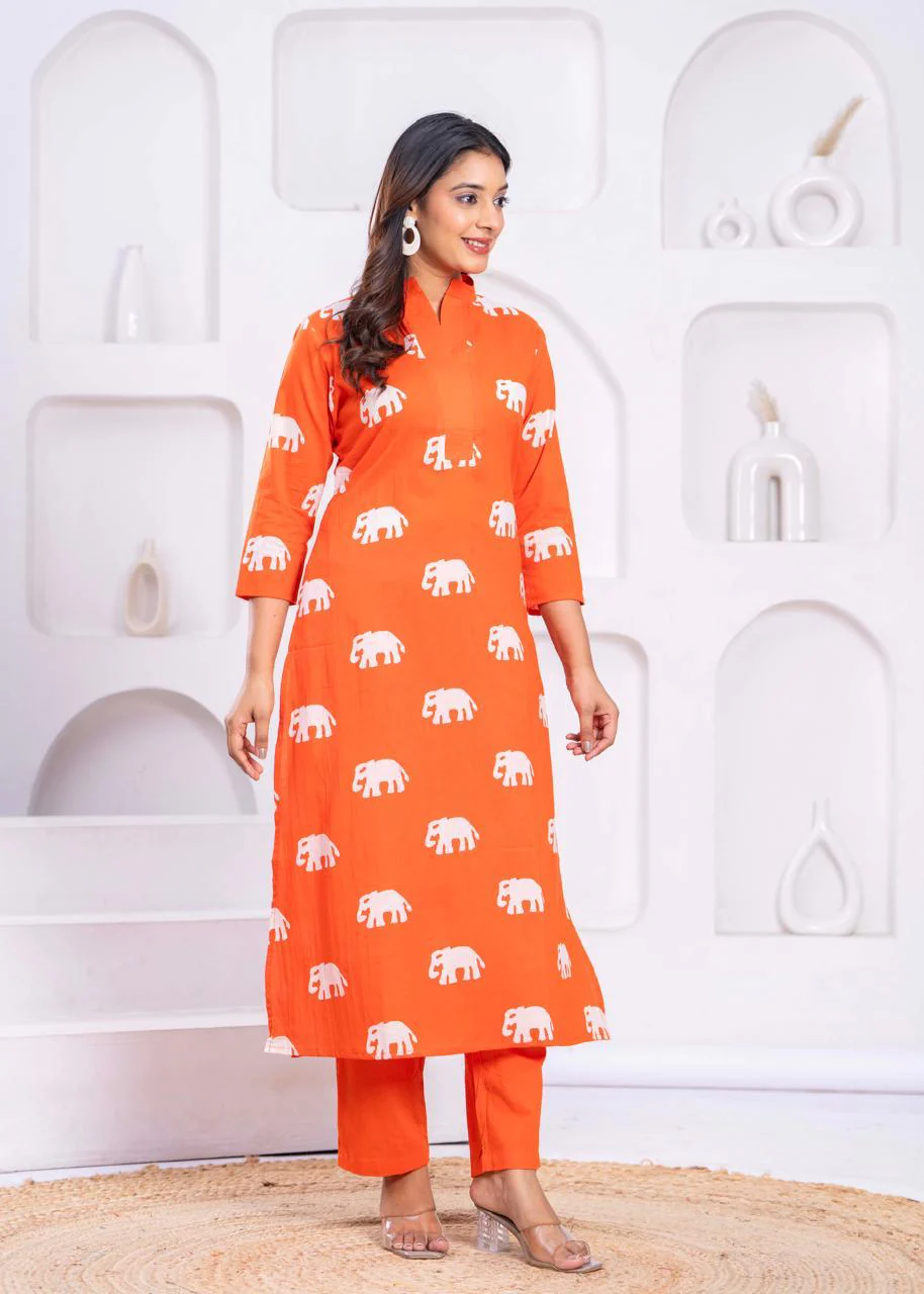 Jayti Apricot Elephant Cotton Kurta Pant Set - Image 8
