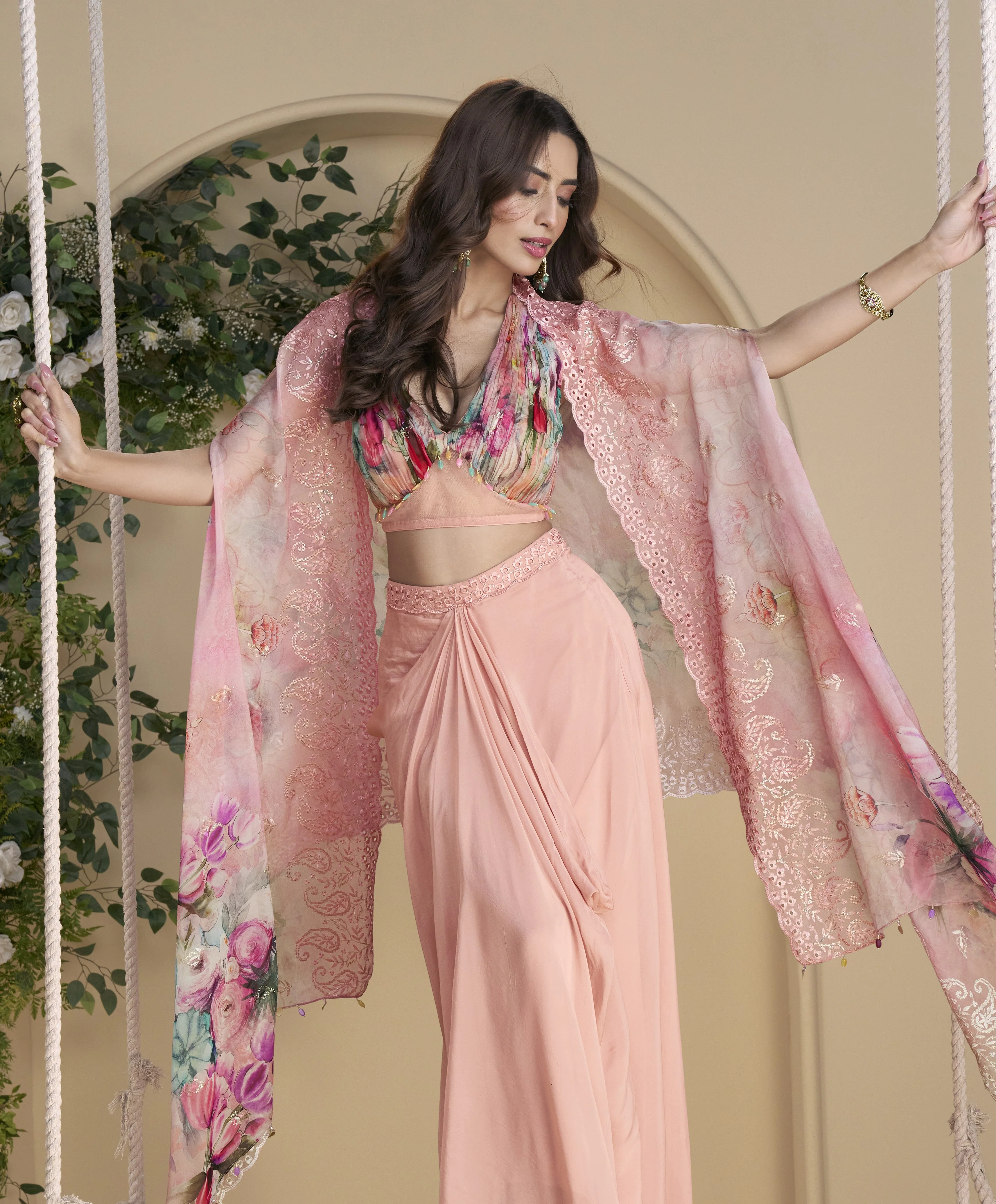 Amulya Salmon Fusion Wear Drape skirt Set - Image 3