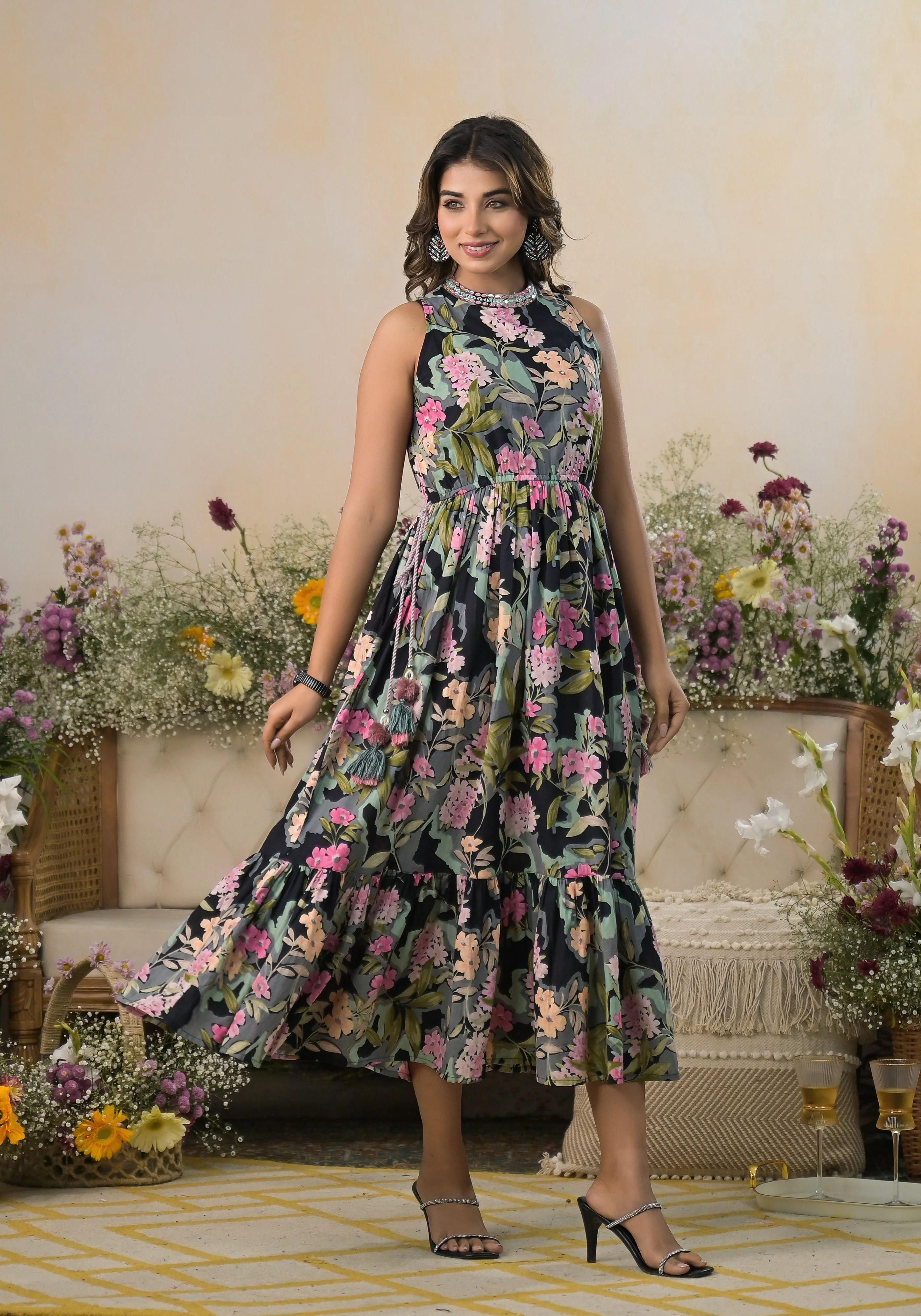 Trinity Jade Floral Handwork Cotton Midi Dress - Image 5