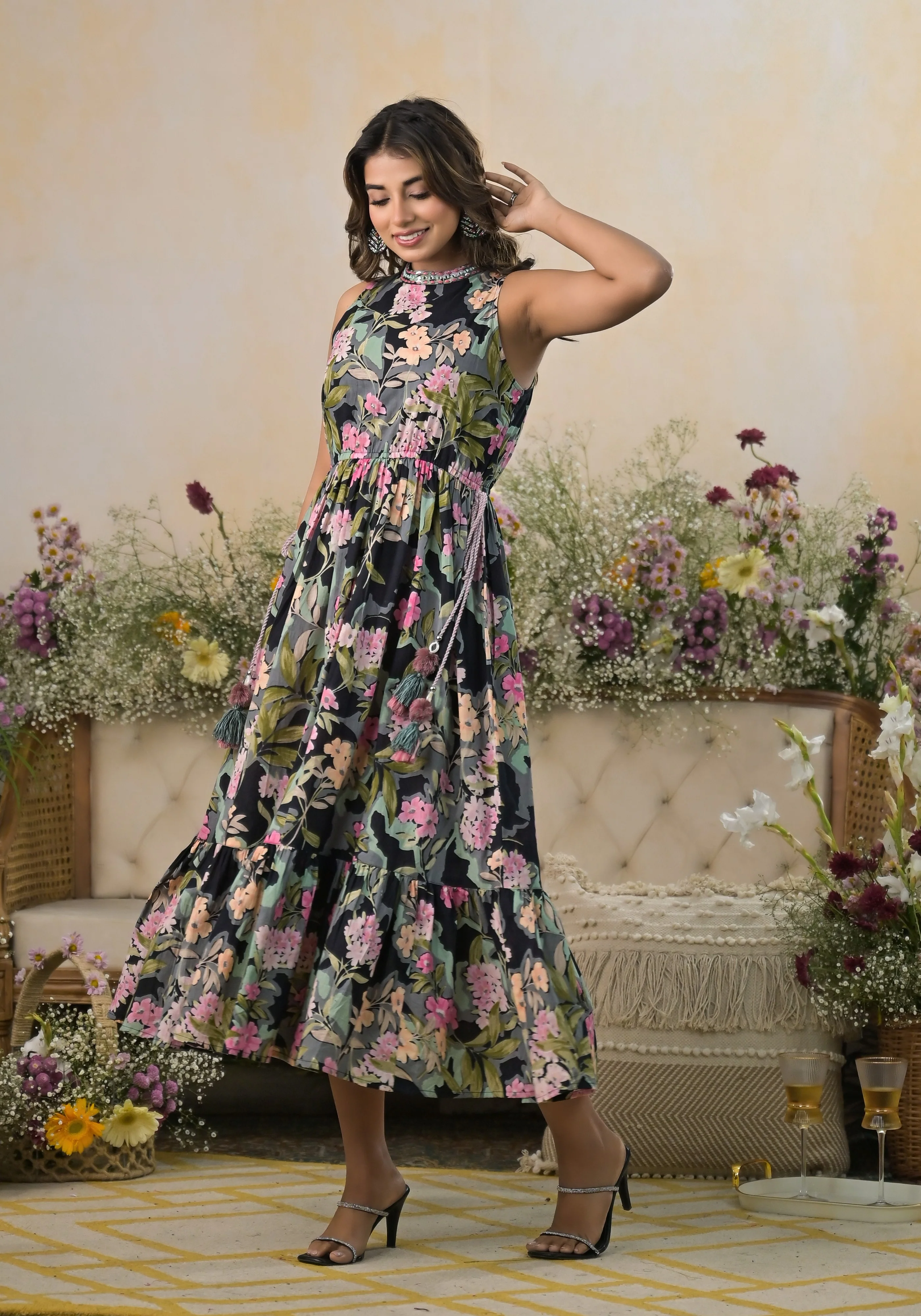 Trinity Jade Floral Handwork Cotton Midi Dress - Image 7