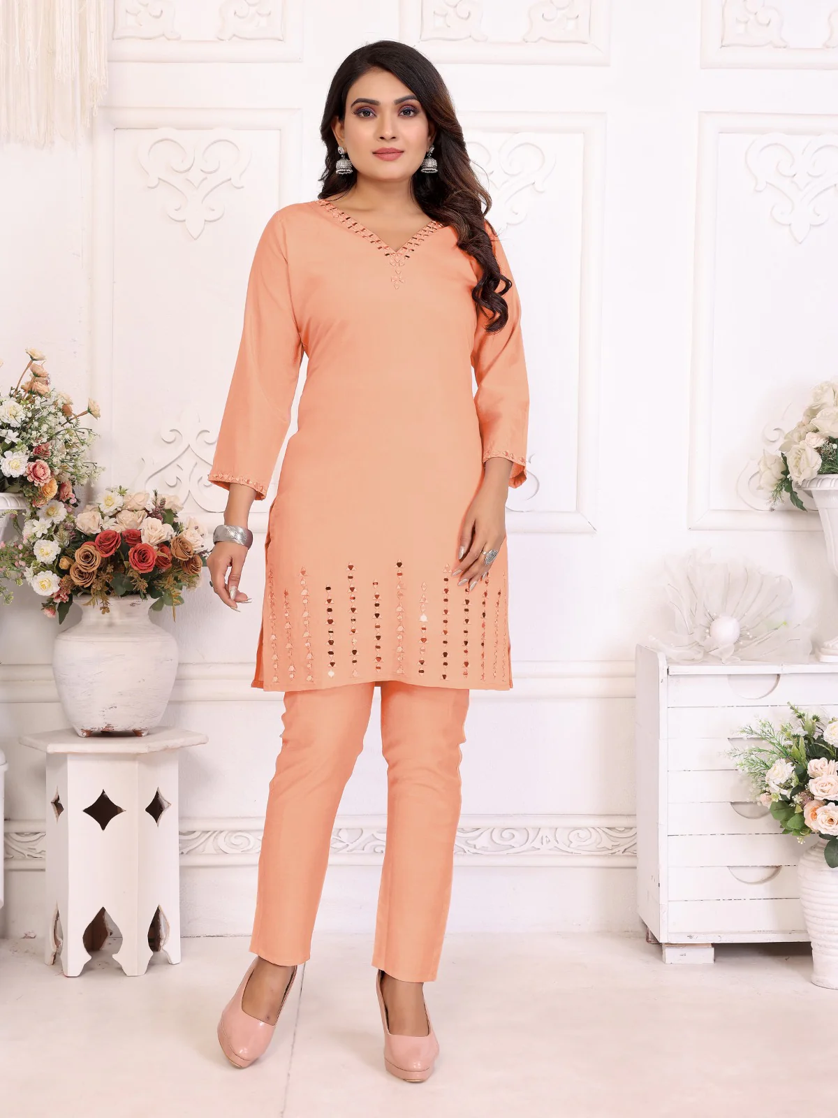 Divya Peach Mirror Work Co-ord Set - Image 4