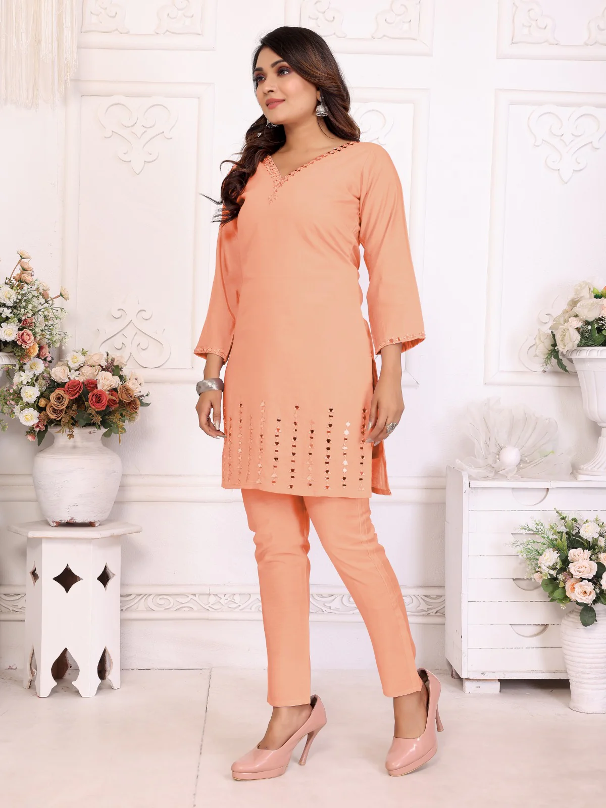 Divya Peach Mirror Work Co-ord Set - Image 5