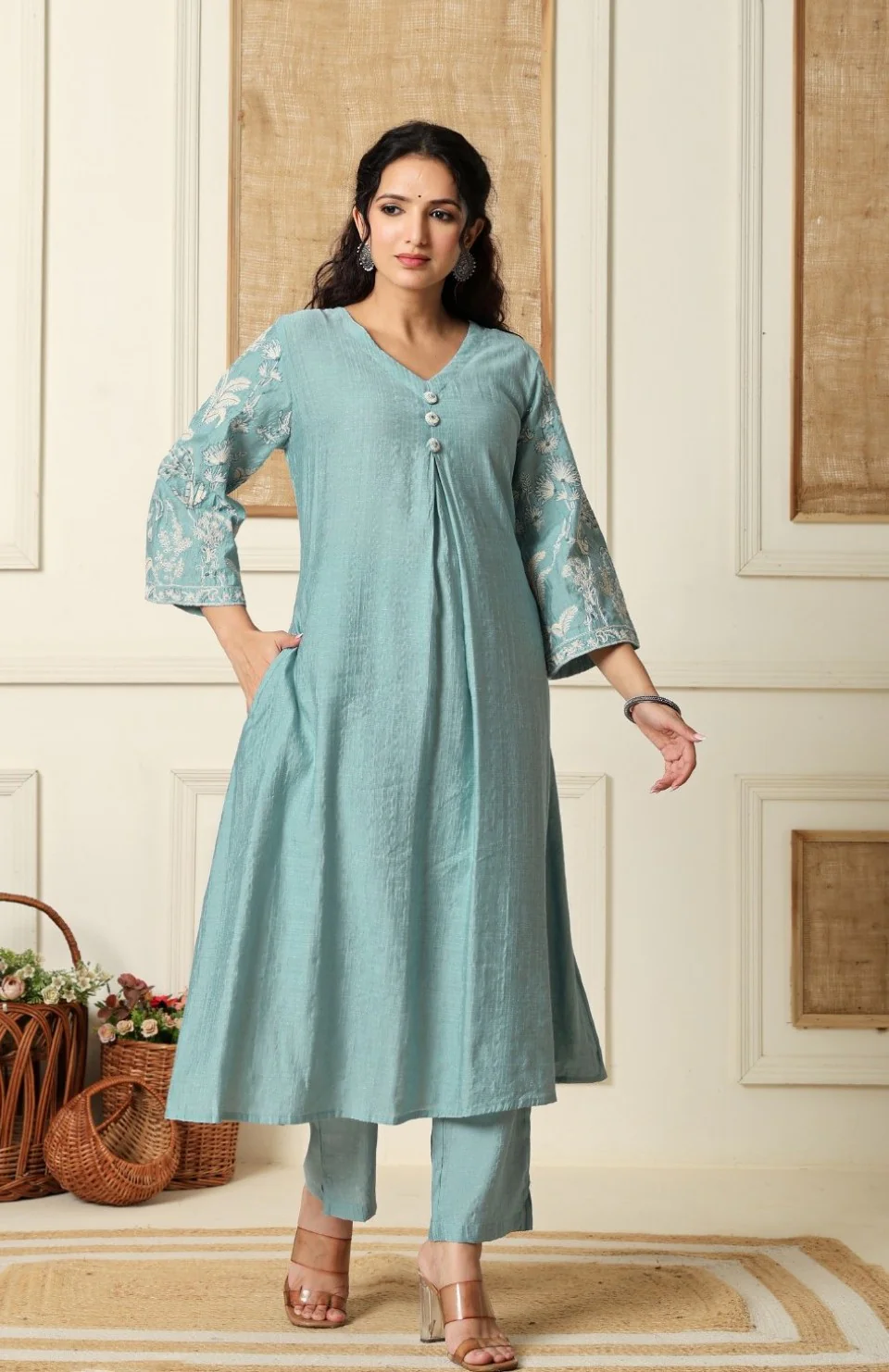 Sumaiya skyblue embroidery kurta pant set - Image 3