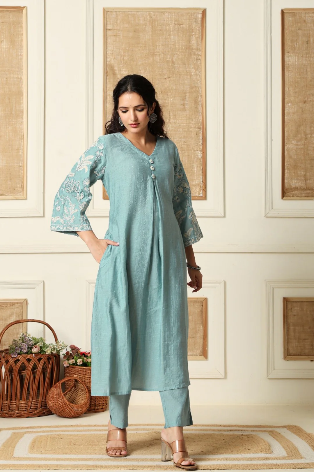 Sumaiya skyblue embroidery kurta pant set - Image 5