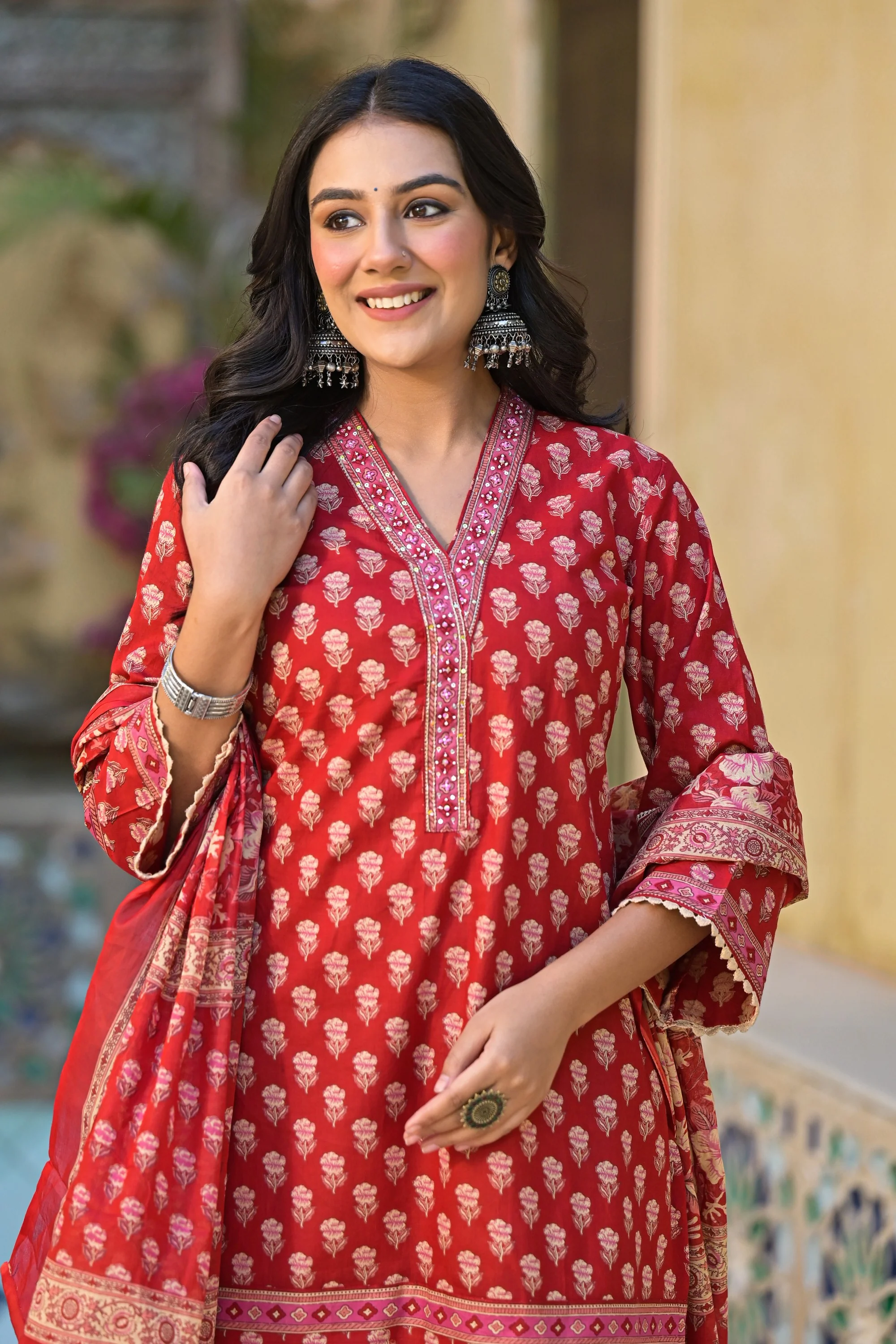 Pavitra crimson cotton printed suit set - Image 2