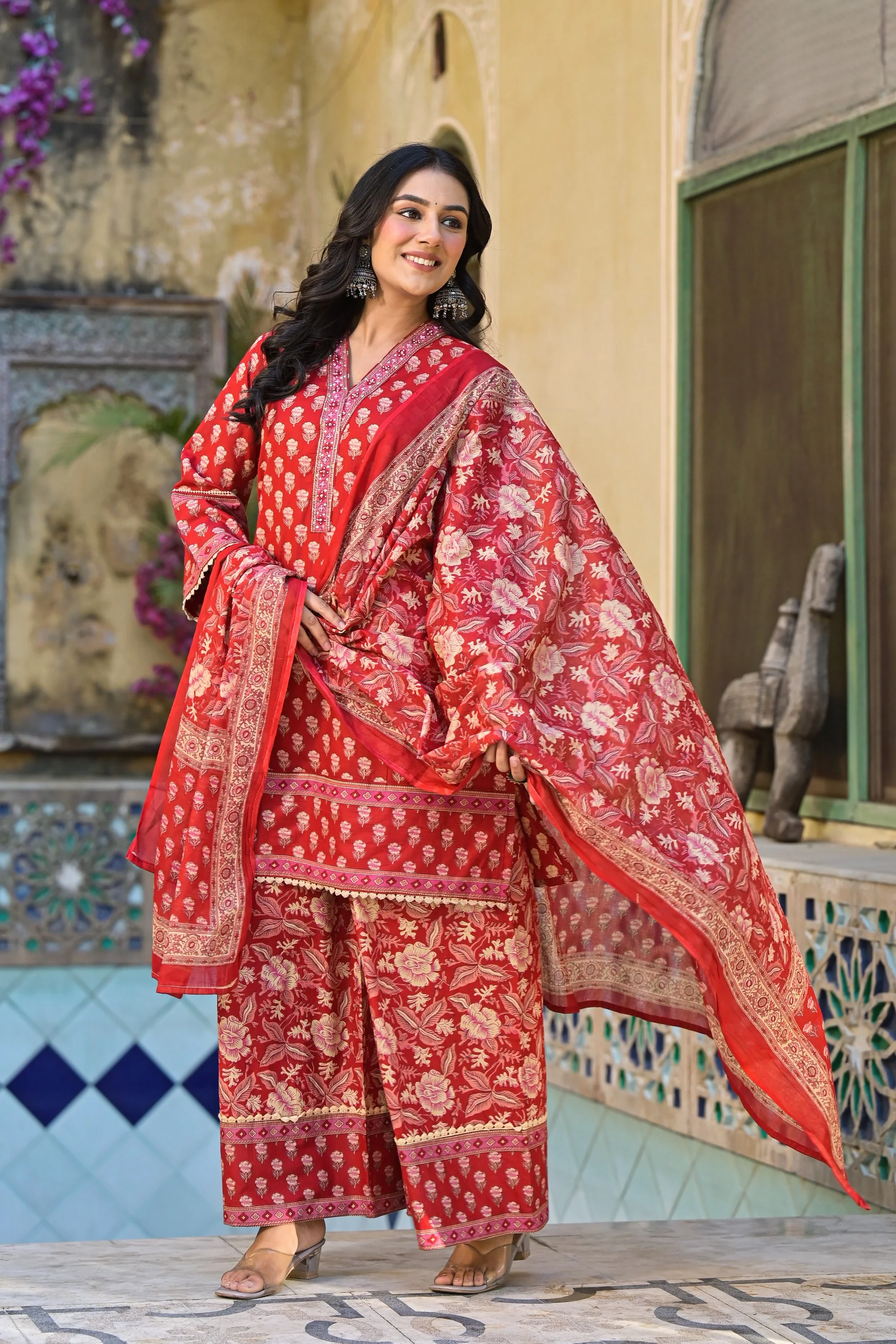 Pavitra crimson cotton printed suit set - Image 3