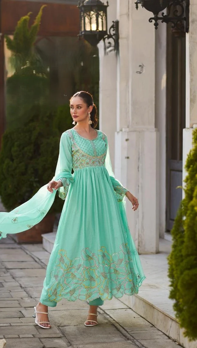 Rubina Seafoam Cotton Mul Embroidery Premium Anarkali Suit Set - Image 3