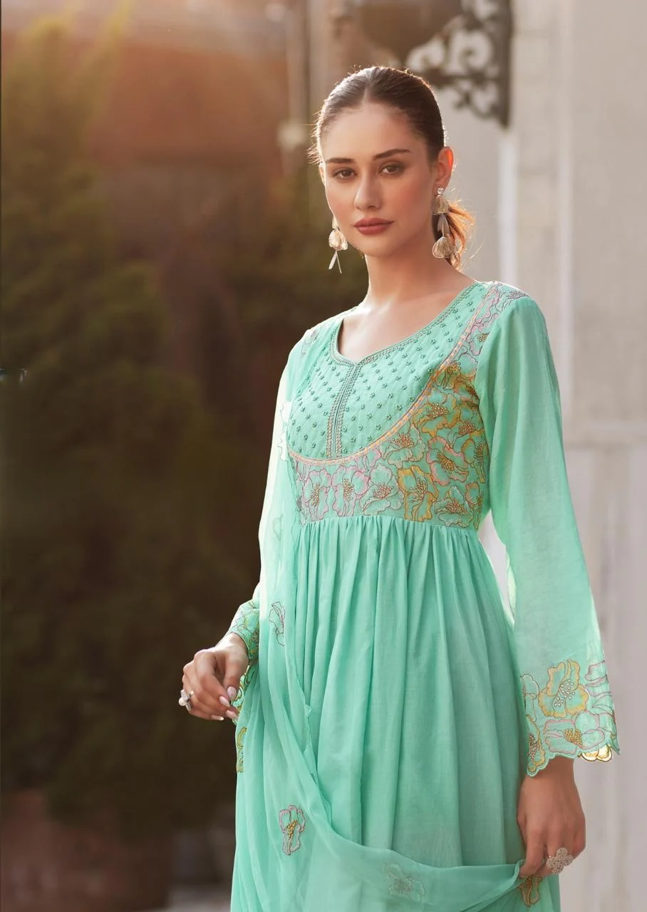 Rubina Seafoam Cotton Mul Embroidery Premium Anarkali Suit Set - Image 4